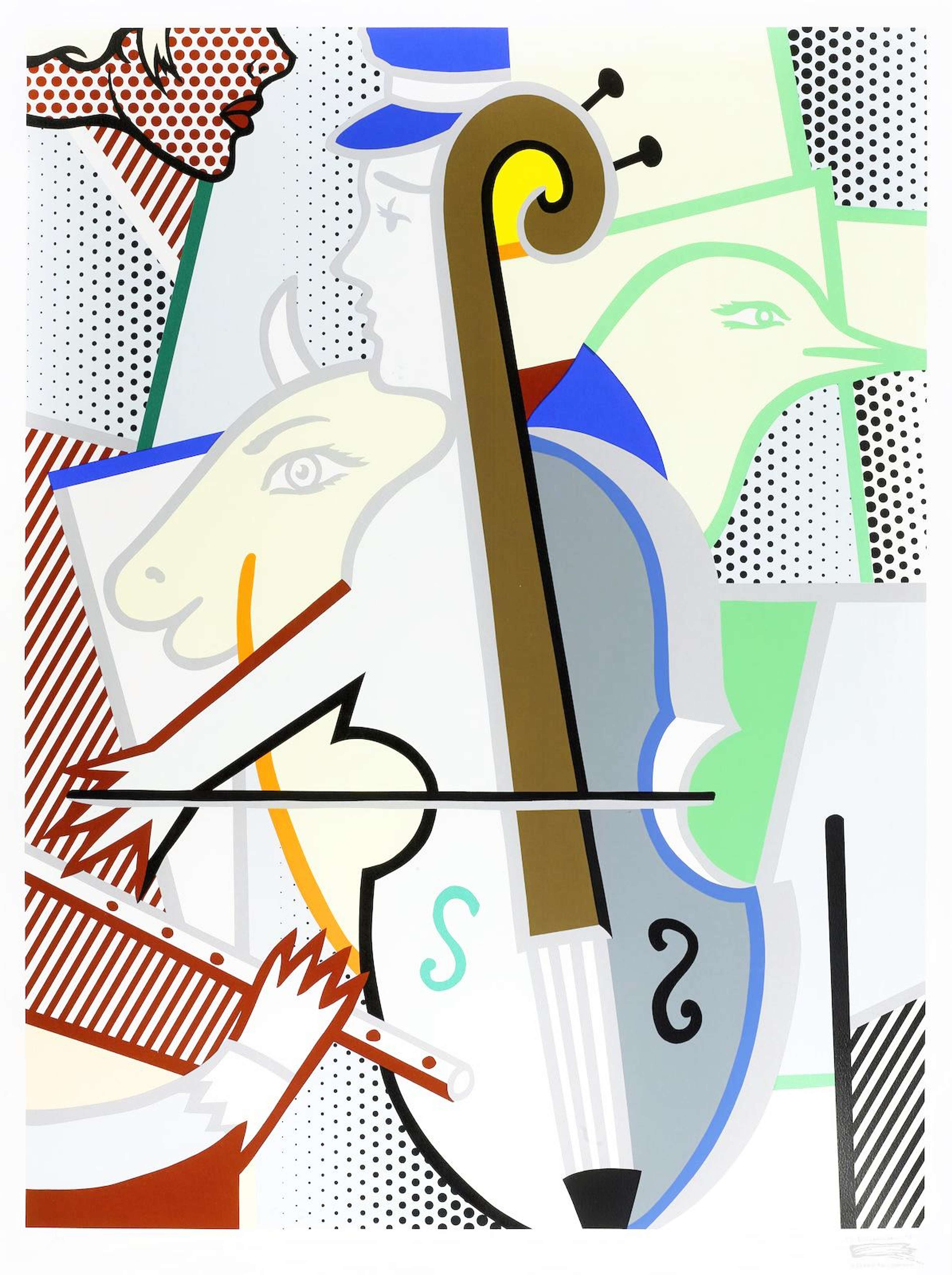 Estampe de Roy Lichtenstein, « Cubist Cello ». Une sérigraphie pop art représentant une bande dessinée cubiste mettant en scène un violoncelle, un homme, une vache, un oiseau et une femme sur des fonds à motifs de points Ben-Day.
