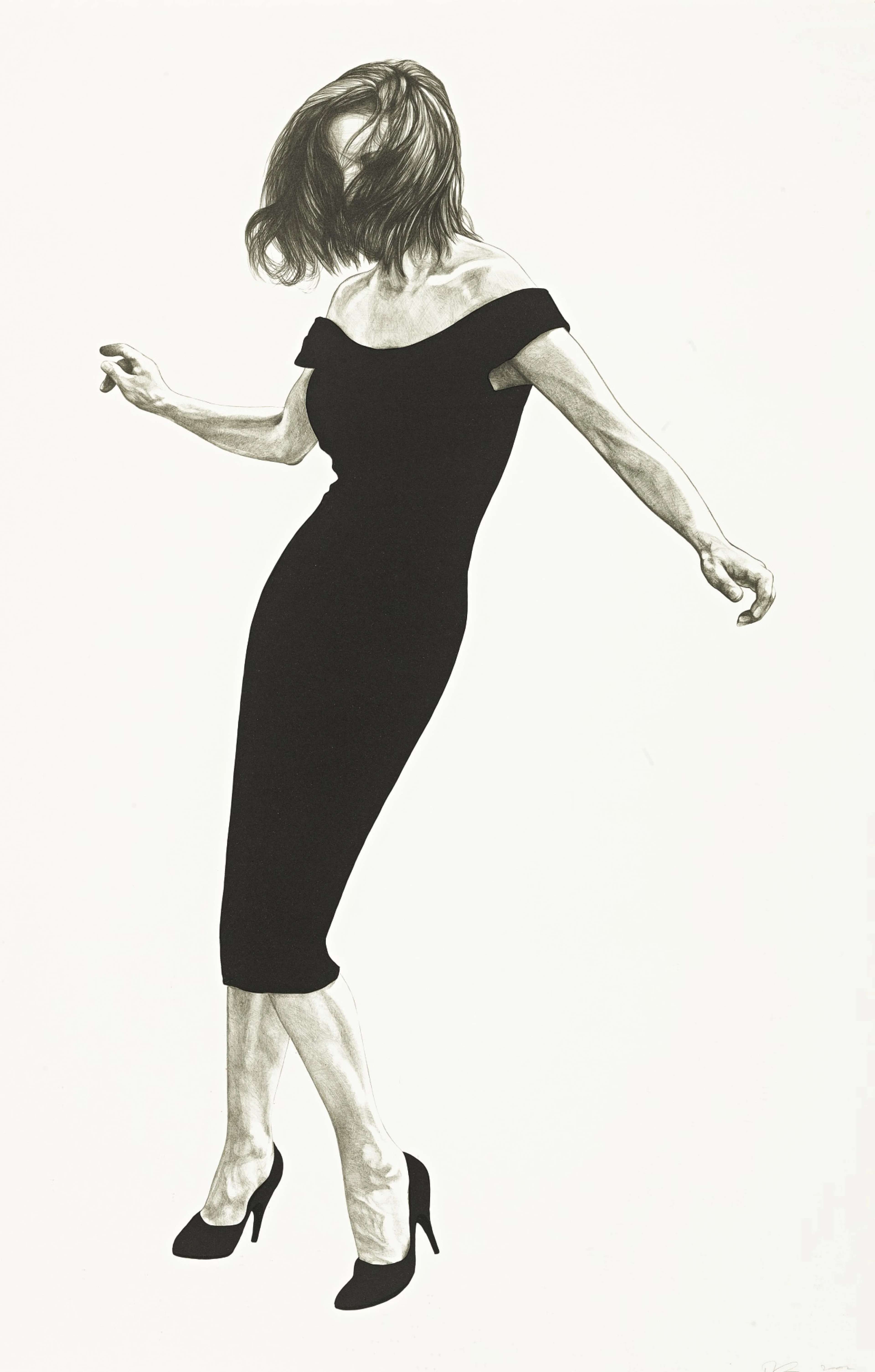 Une lithographie monochrome représentant une femme en plein saut, les cheveux recouvrant son visage, par Robert Longo.
