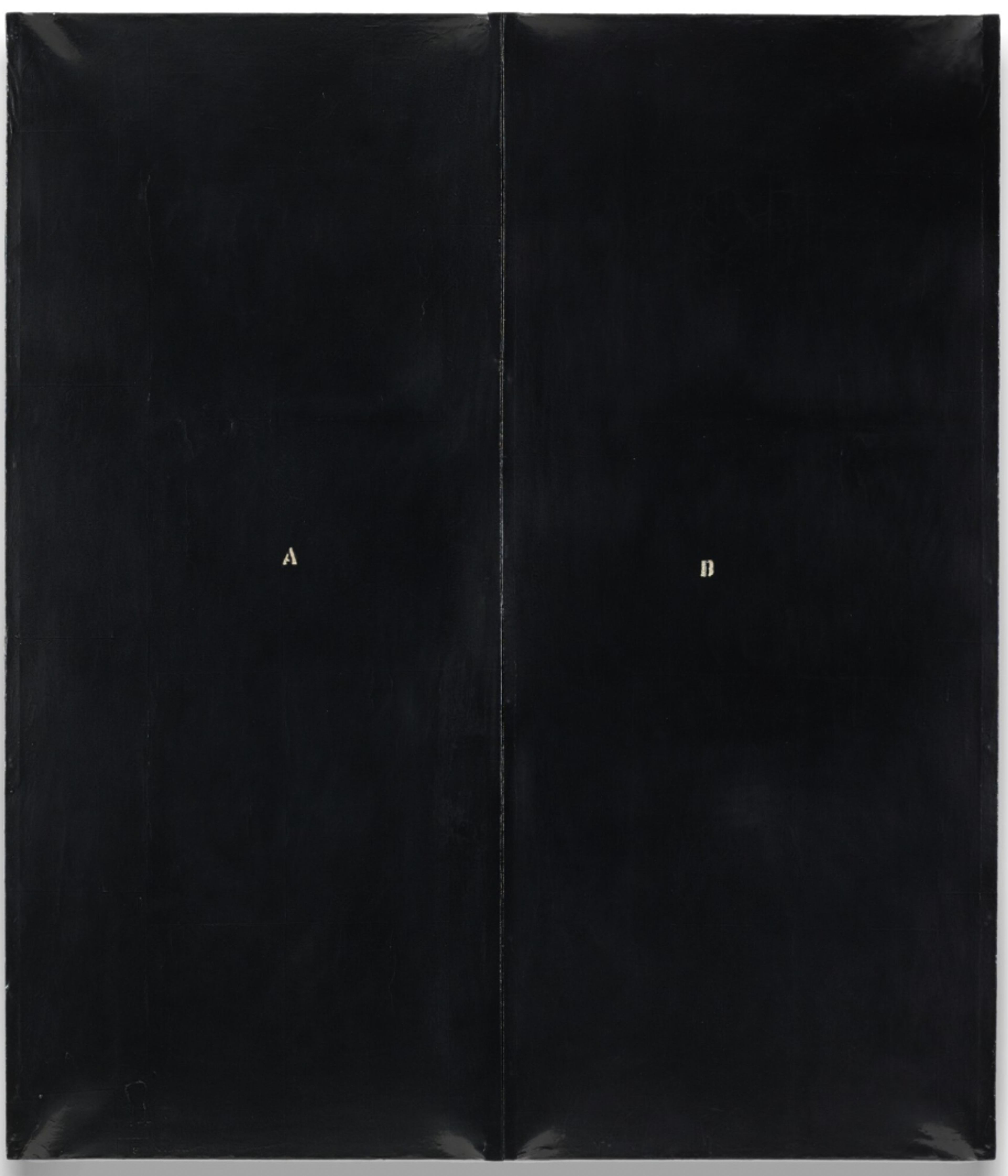 A stark, minimalist painting featuring a nearly all-black surface with a subtle, central vertical seam, evoking the look of a blank billboard. The letter A is printed in white in the centre of the left side, and the letter B on the right.