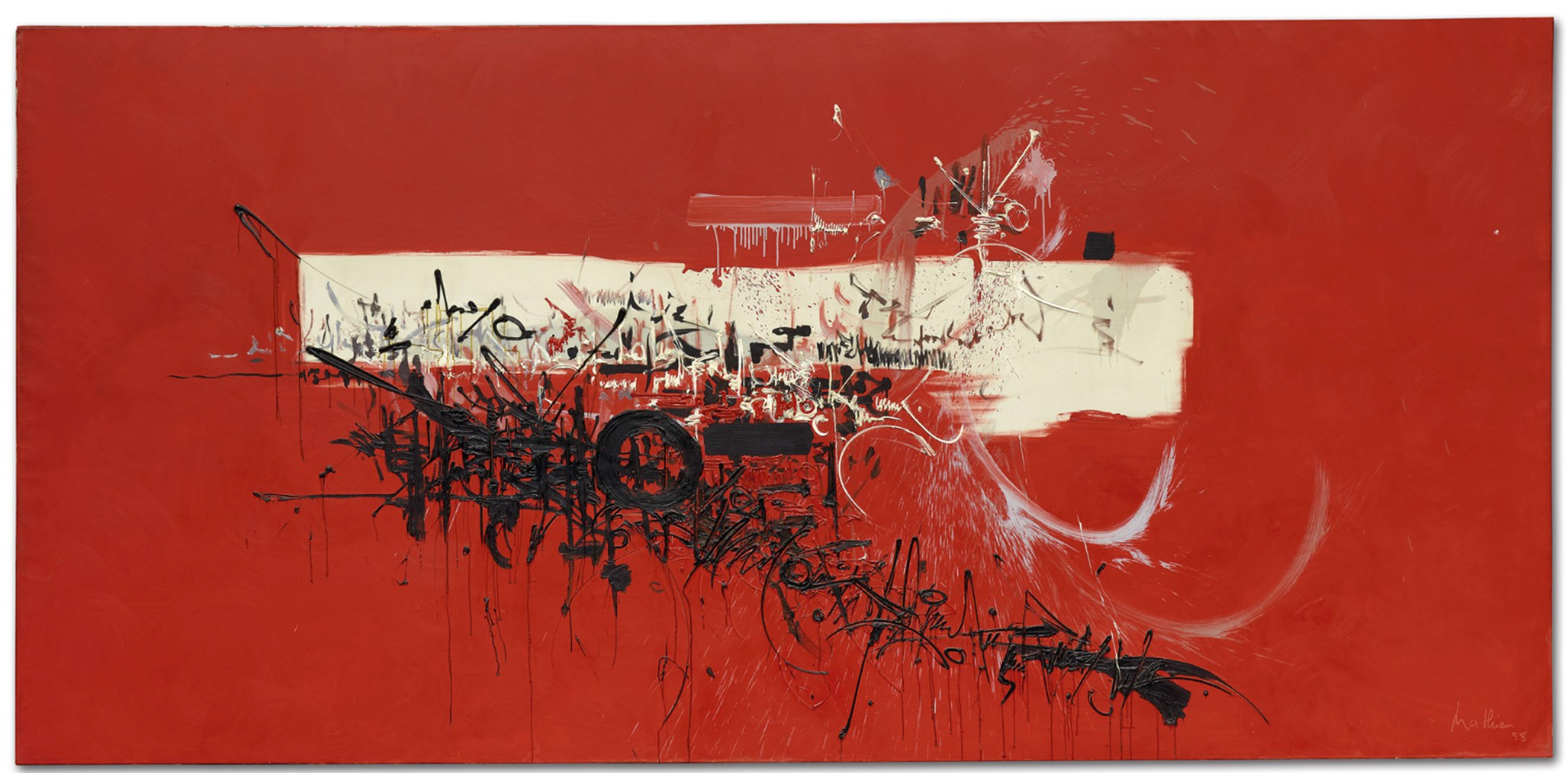 A wide, horizontal composition with a vivid red background. A large, off-white rectangular shape sits centrally, overlaid by dynamic black and white gestural strokes and drips, suggesting both structure and eruption.