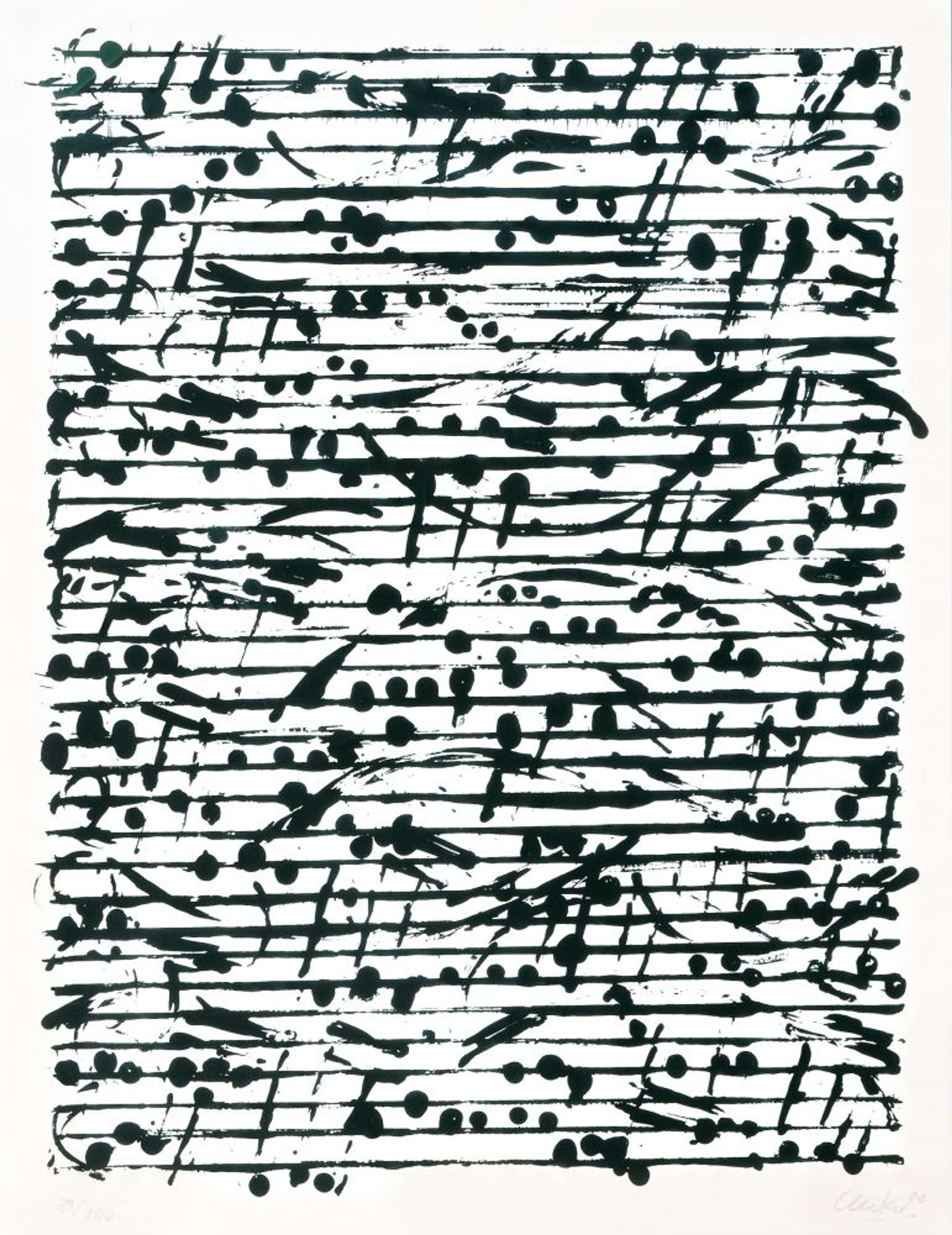 Une série de lignes noires épaisses et expressives, de courbes et de points qui ressemblent à des notes de musique sur une portée. La musique qui en résulte est, cependant, absurde et injouable.