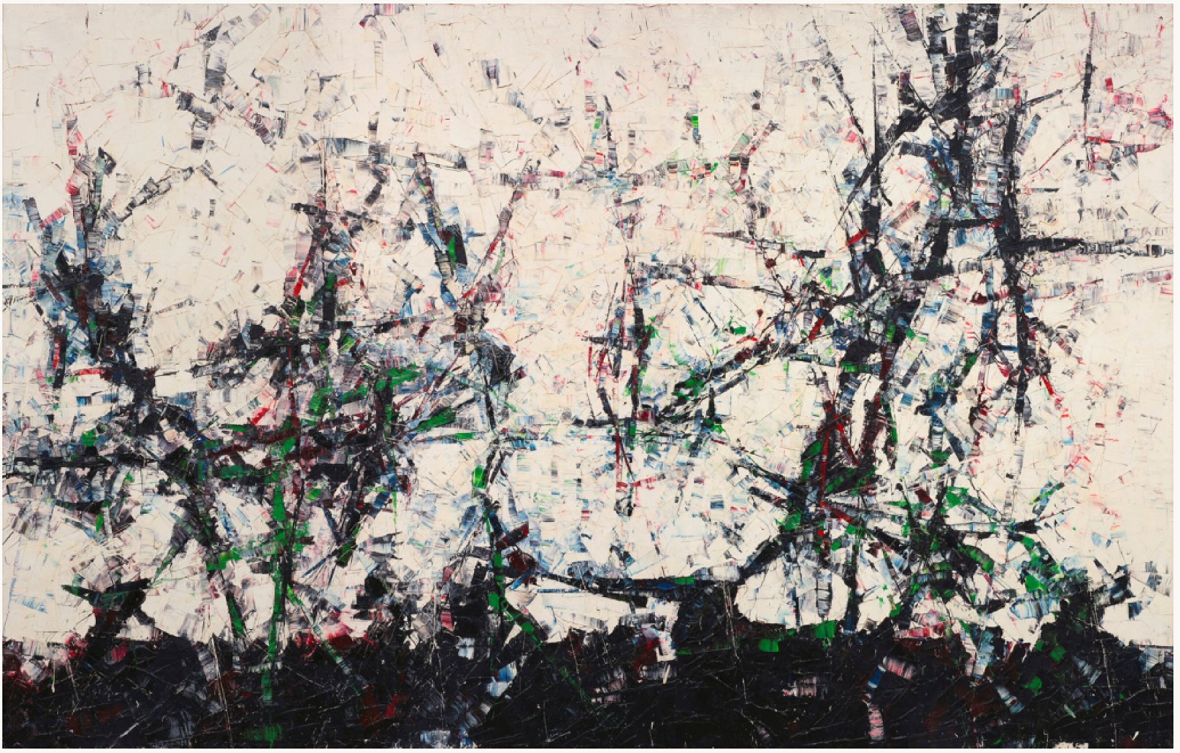 A horizontal composition with white background and stark black forms creeping up from the bottom like vines or scratches. Subtle flecks of blue, green, and red emerge from behind the white expanses.