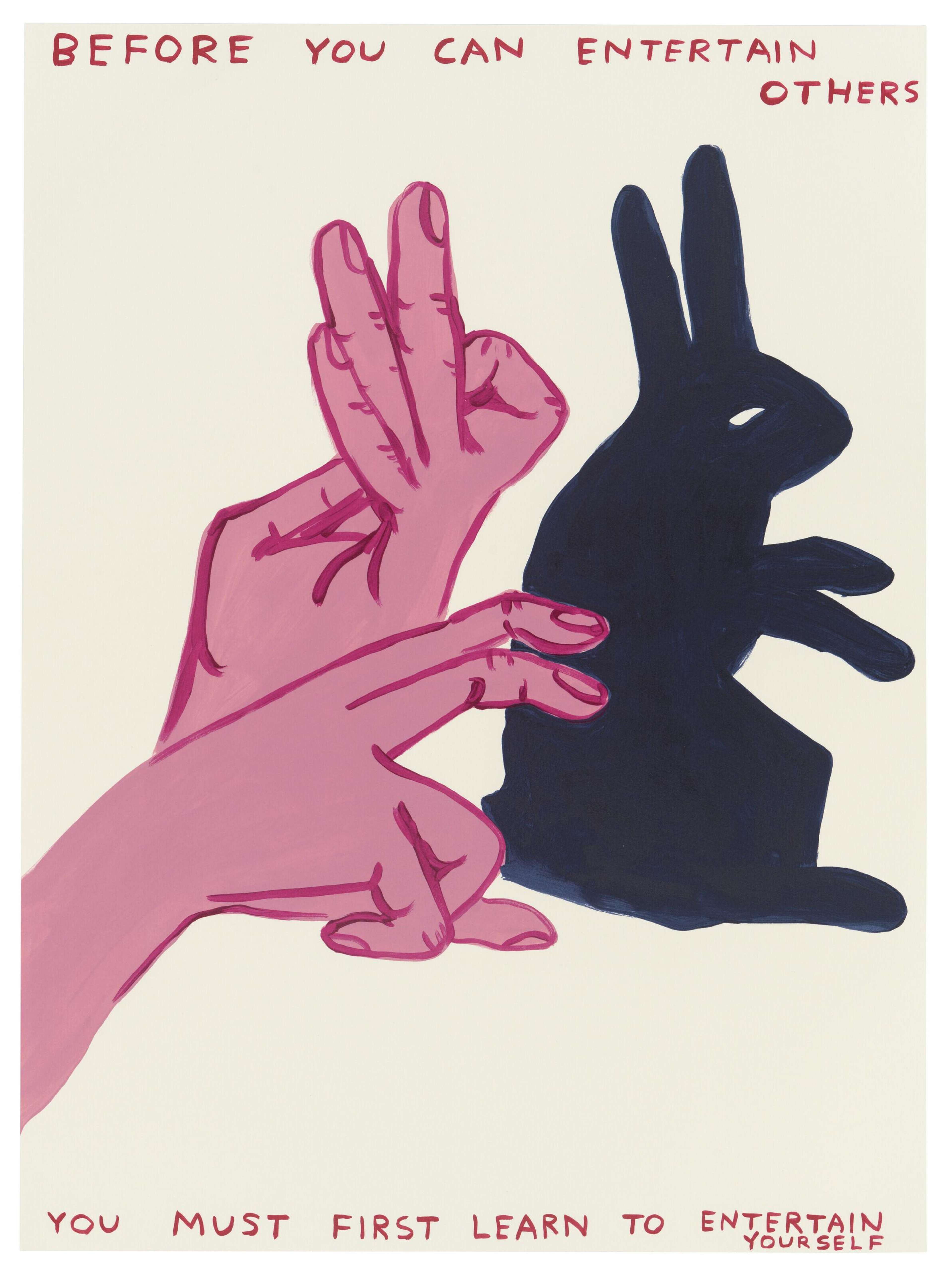 Cette œuvre présente une paire de mains roses se repliant pour former la silhouette d'un lapin dans l'ombre. Le titre est griffonné en rouge sur les marges.