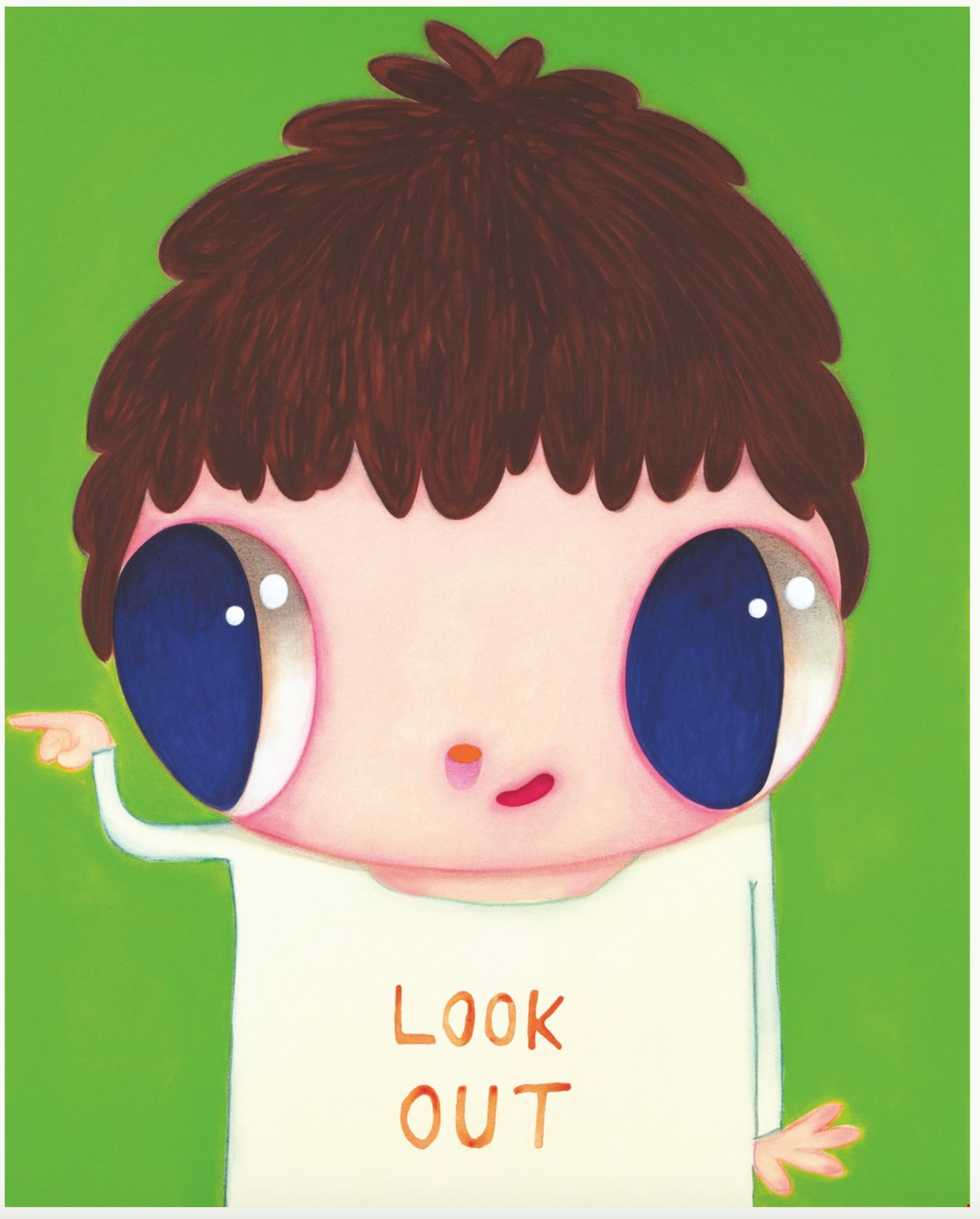 A single childlike figure with large, deep blue eyes and tousled brown hair stands against a vivid green background, wearing a white shirt with "LOOK OUT" printed in dark orange. The figure looks to the viewer’s left and points with a right-angled arm and finger at something out of the frame.