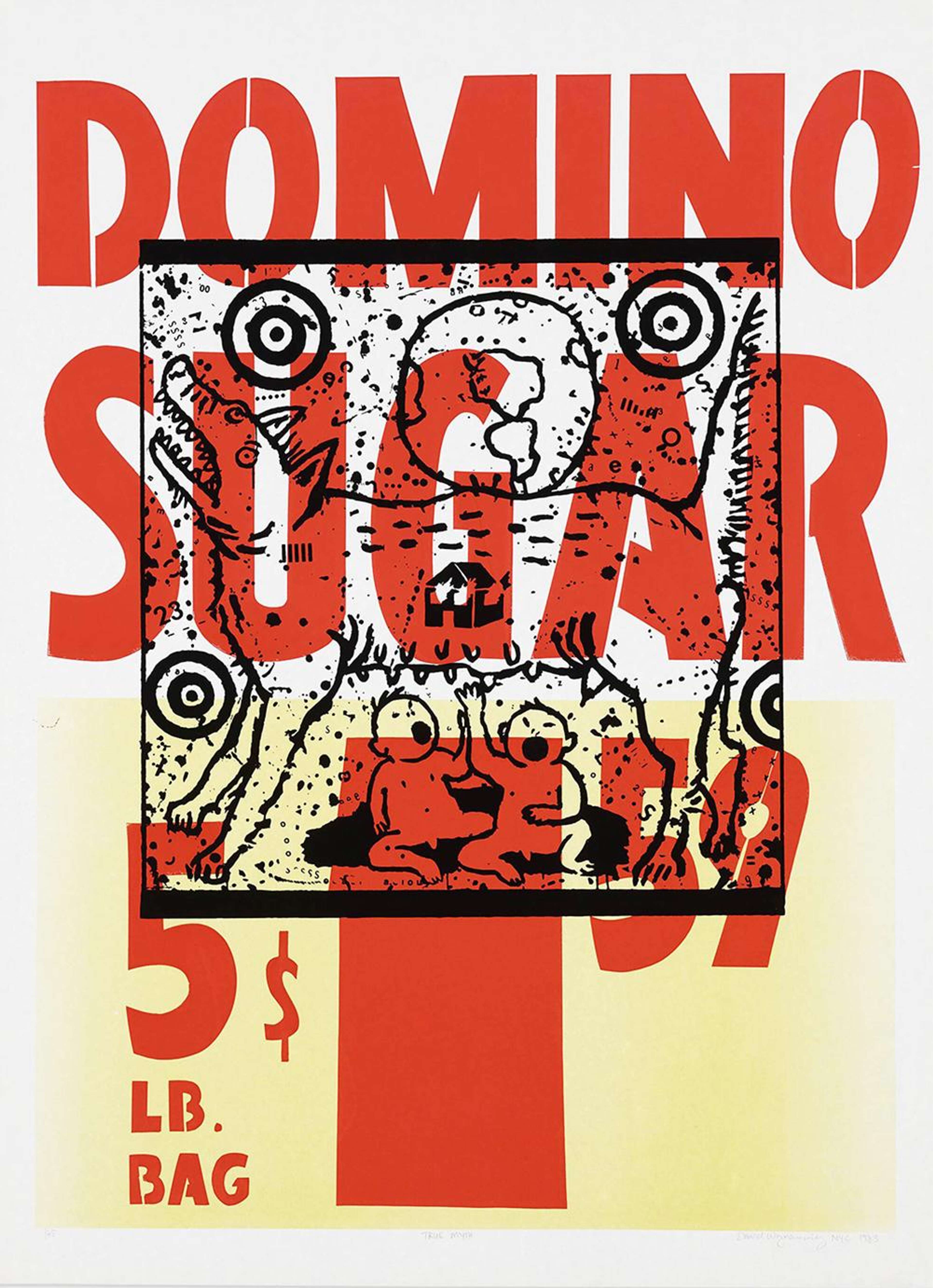 Une silhouette noire d'un loup nourrissant deux bébés, avec la Terre au-dessus d'eux et des cibles autour, imprimée sur une publicité pour Domino Sugar qui couvre toute la page. Le texte rouge de la publicité présente un effet de collage.