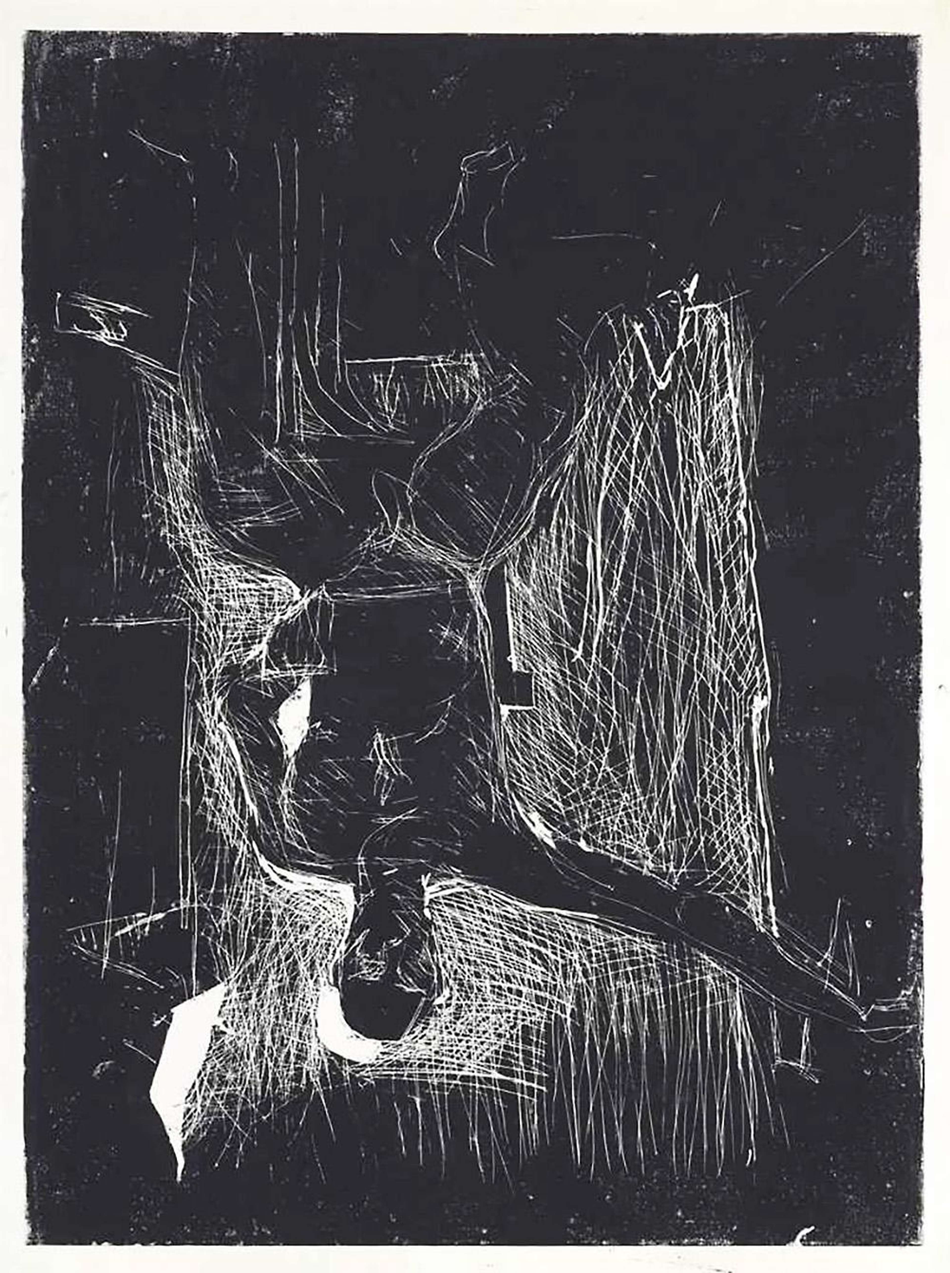 Un fond noir surmonté d'une image inversée d'un homme nu assis, gravée en blanc. Il est dessiné principalement par son contour, avec des hachures ajoutant texture et profondeur dans les zones d'ombre. Cette œuvre est identifiée comme « Sitting Man » et « The Shadow ».