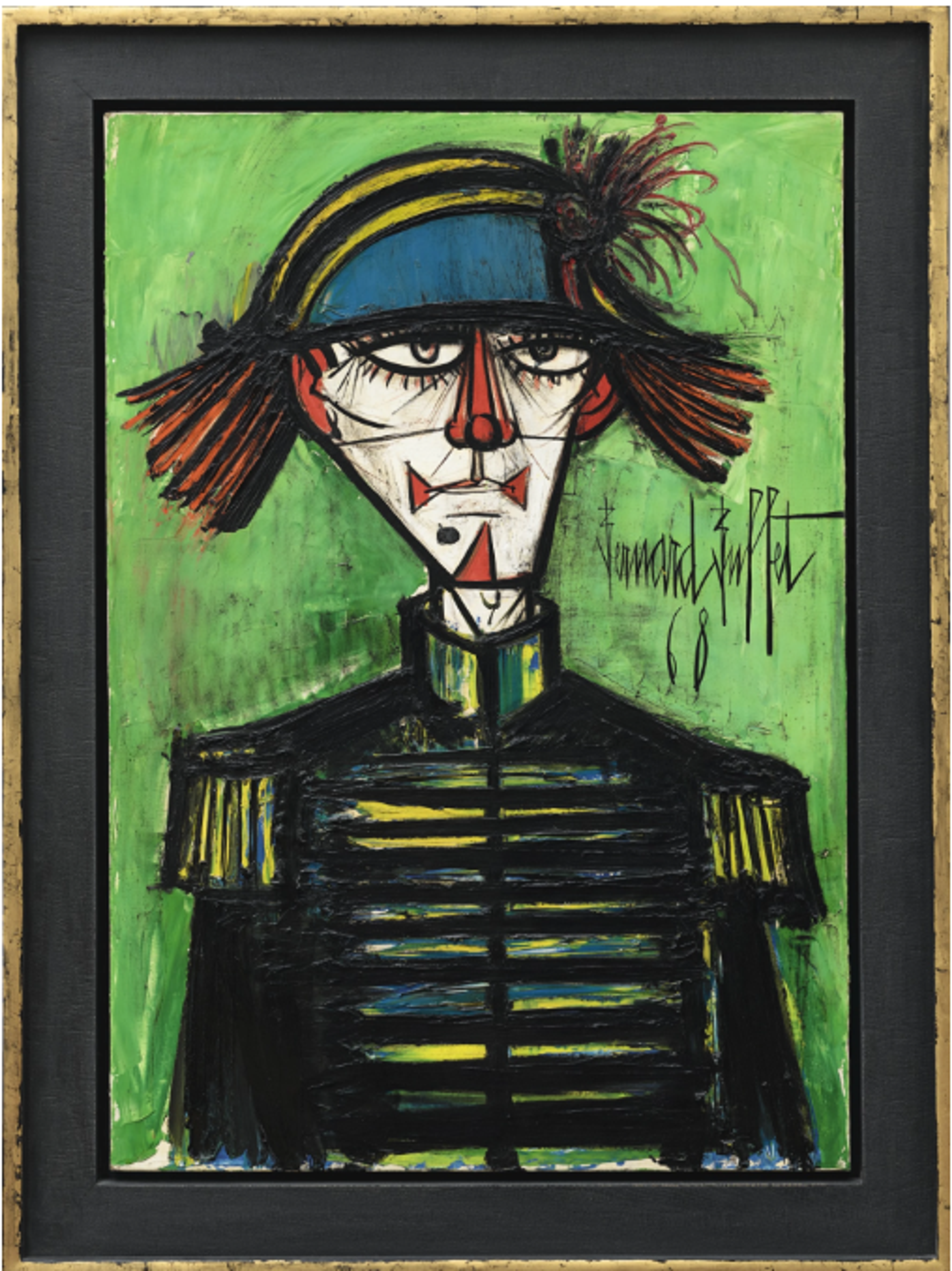 A frontal portrait of a clown against a vivid green background. The figure wears a military-style jacket with yellow and black stripes, and a distinctive wide-brimmed hat with red hair sticking out to the sides. The face is pale and elongated with red markings and glasses, exhibiting a serious, almost stern expression that contrasts with traditional jolly clown imagery. Bold black outlines define the figure's features.