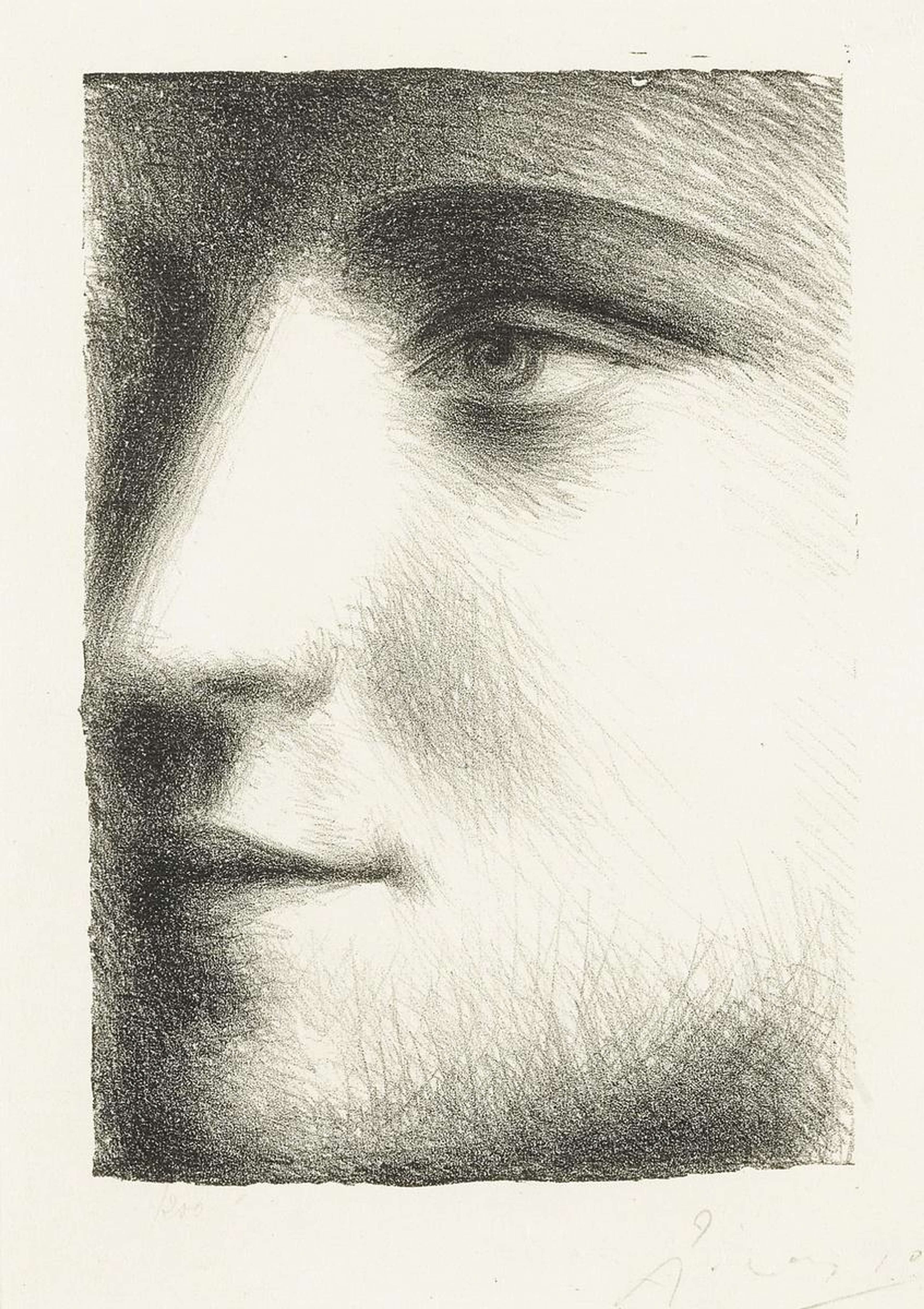 Un dessin monochrome de Pablo Picasso, un gros plan, en profil partiel, de sa muse Marie Therese Walter.