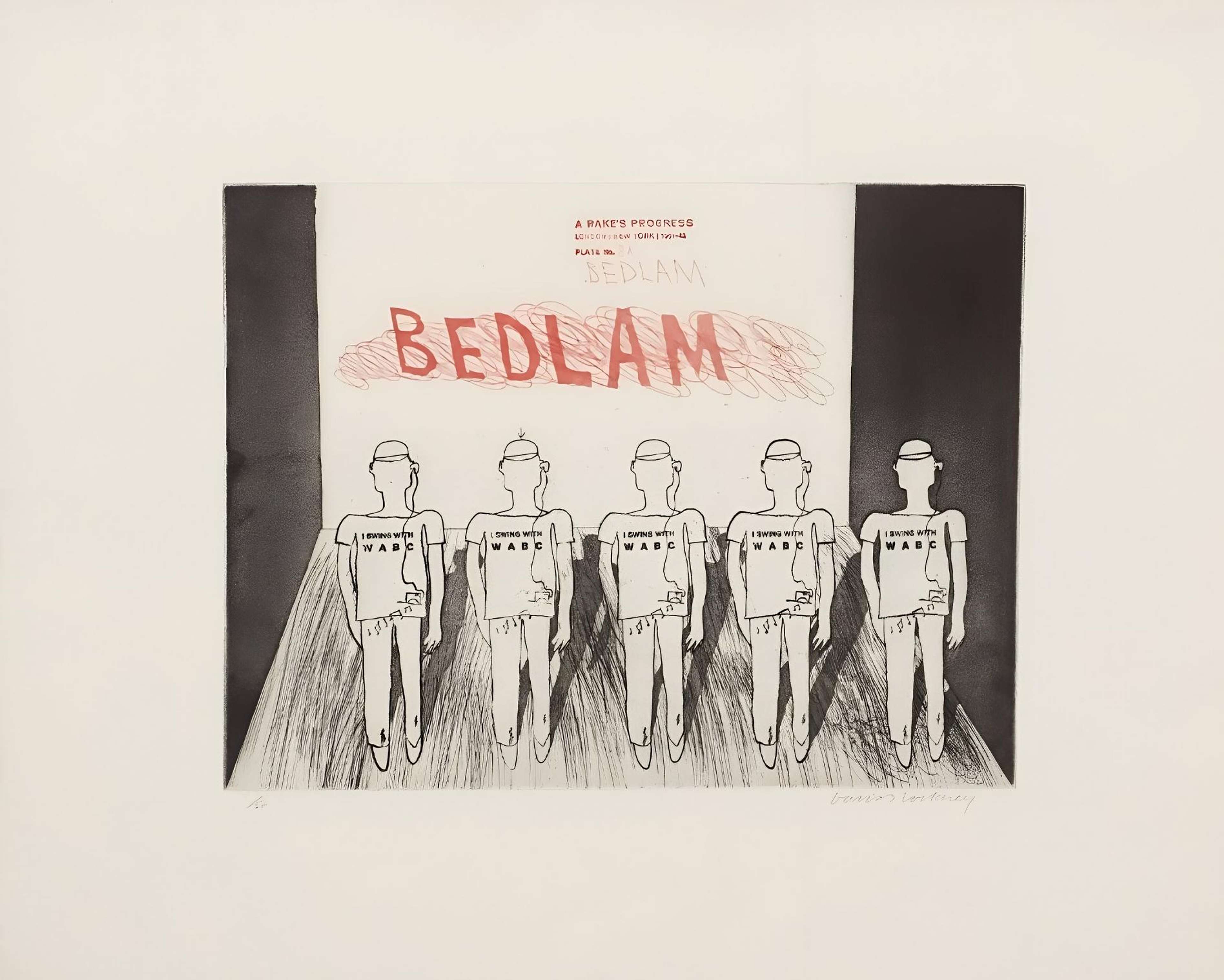 A row of five inmates staring a wall with the word 'Bedlam' written in red