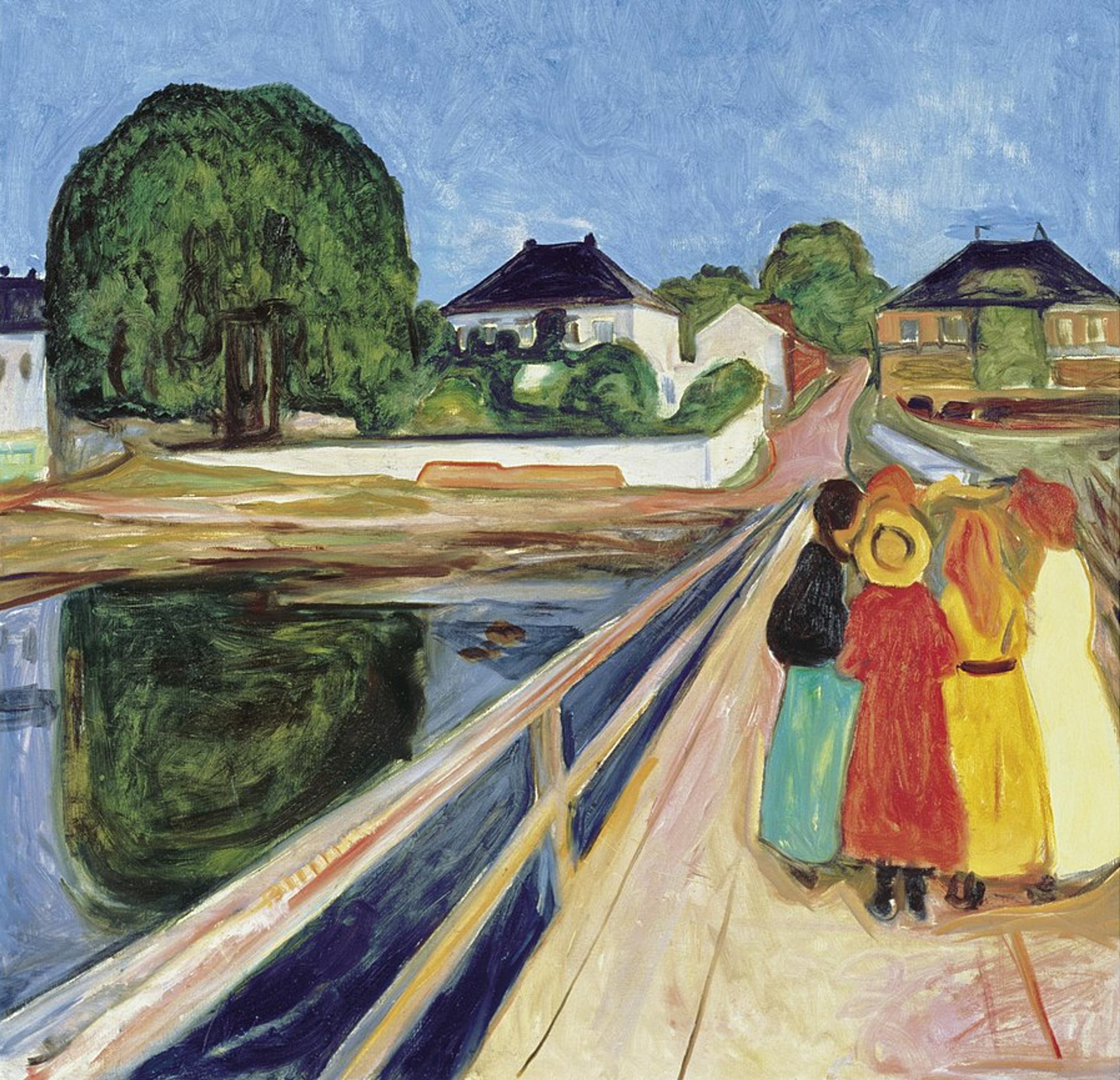 A group of girls in bright dresses and hats stand on a wooden bridge leading away from the viewer, overlooking a serene waterway. The scene features bold colours, undulating lines, and a dreamlike atmosphere, with houses and trees in the background.