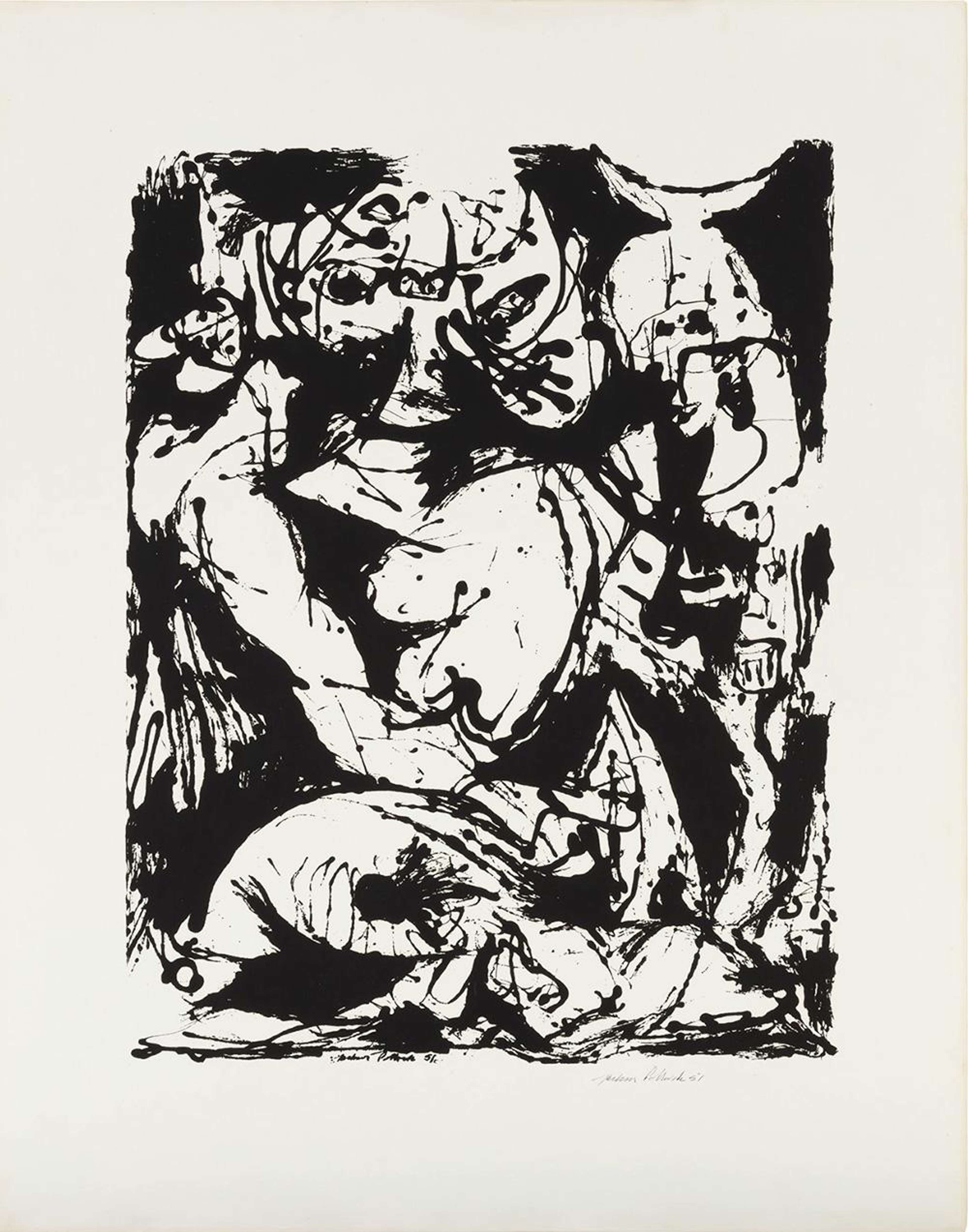 Une composition noir et blanc, encrée, composée de lignes, de courbes, de gouttelettes et de zones d'encre pleine. Cette estampe présente un contraste plus marqué que nombre d'autres œuvres de Pollock, car les zones d'encre noire sont plus densément couvertes et les zones sans encre sont plus nettement délimitées.