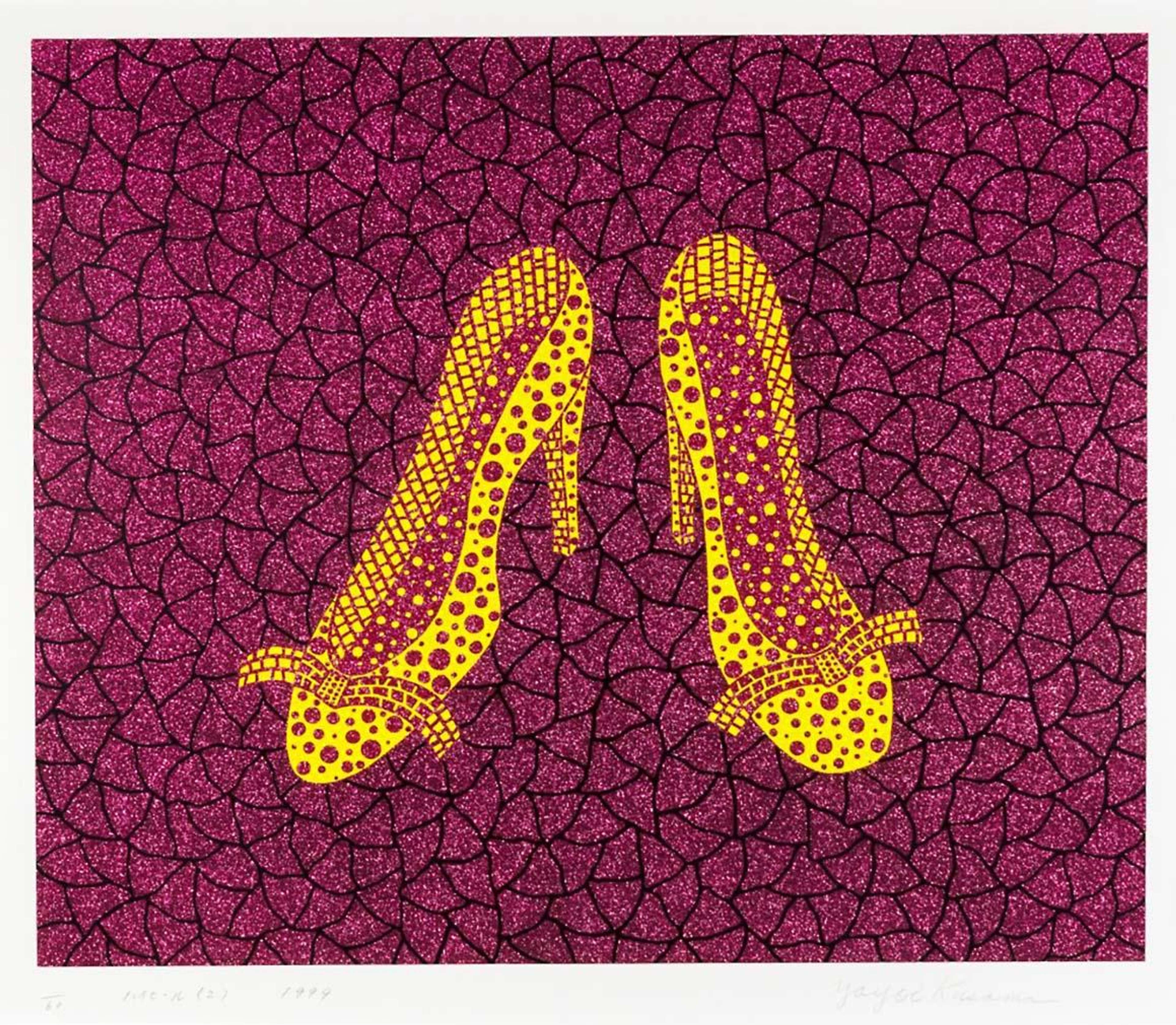 Graphic, polka-dotted pumps are silhouetted sharply, repeating patterns suggesting movement and multiplicity.
