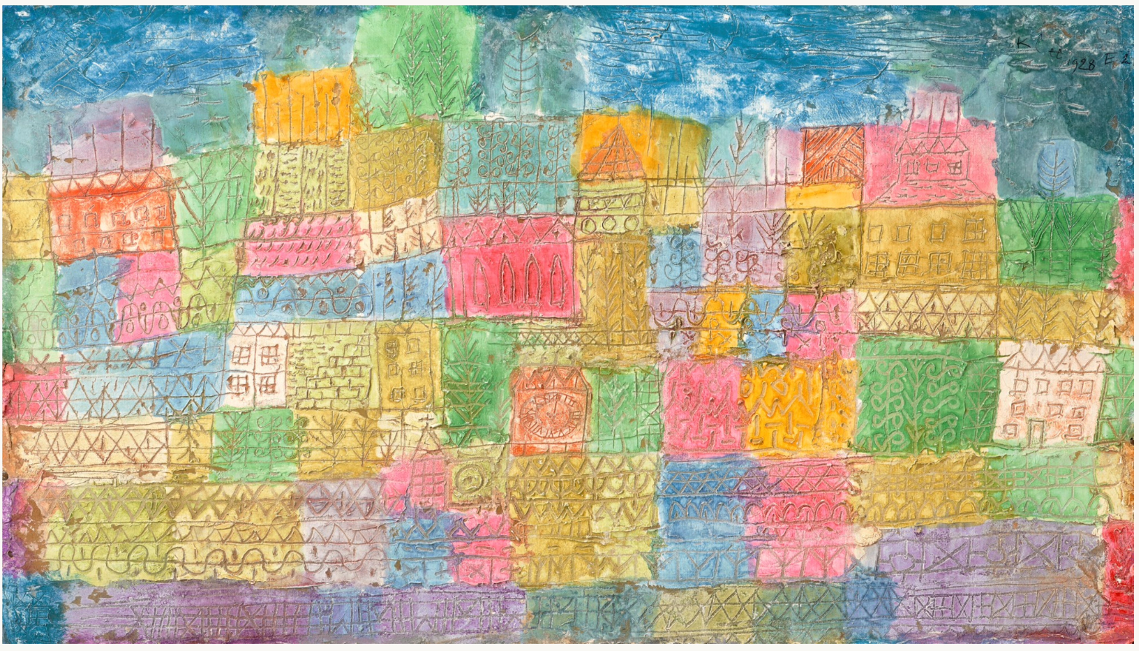 A painting composed of small, colourful squares arranged in a grid, forming a patchwork landscape of houses and fields; the style is abstract and vibrant, with a mosaic effect. The colours used are simple yellows, blues, pinks, greens, and purples, and the lines seem to have been scratched into the paint.