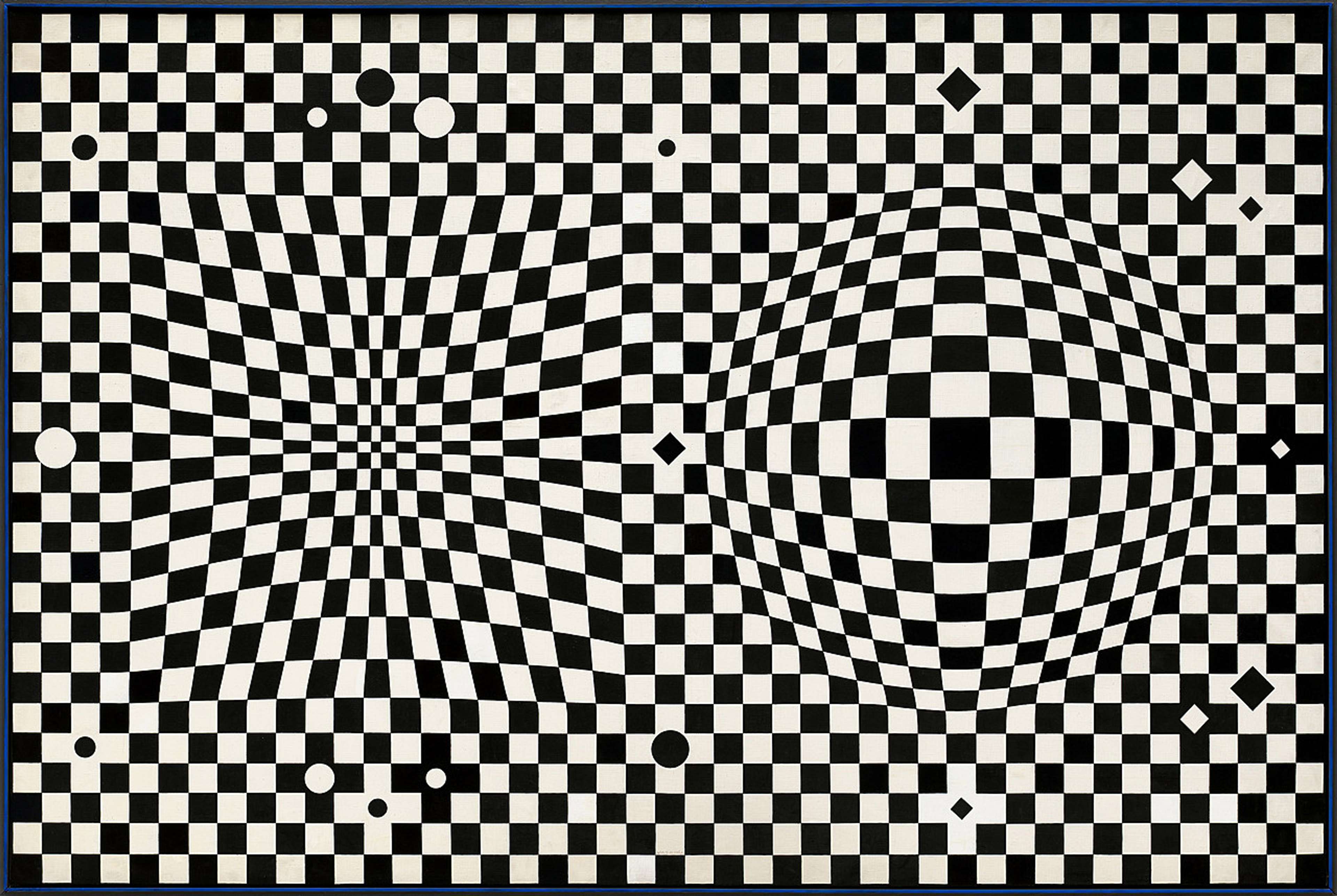 Une œuvre abstraite jouant sur l'illusion d'optique, présentant des carrés noirs et blancs qui se juxtaposent pour créer un effet de mouvement à travers toute la composition.