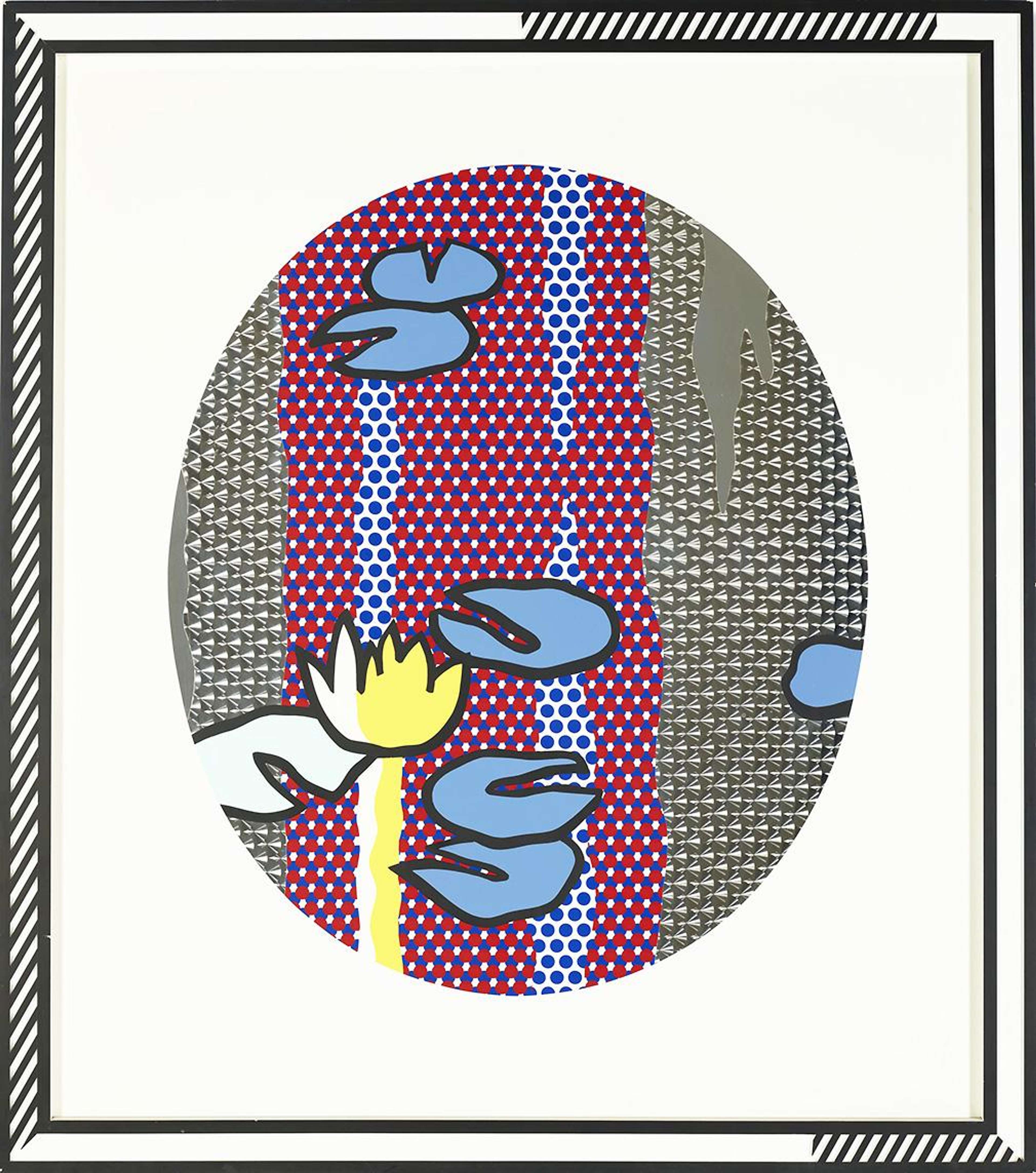 The reflective surface of Water Lilies - Blue Lily Pad incorporates a swirled stainless-steel picture plane, saturated vivid colours, and dense swathes of Ben Day dots. 