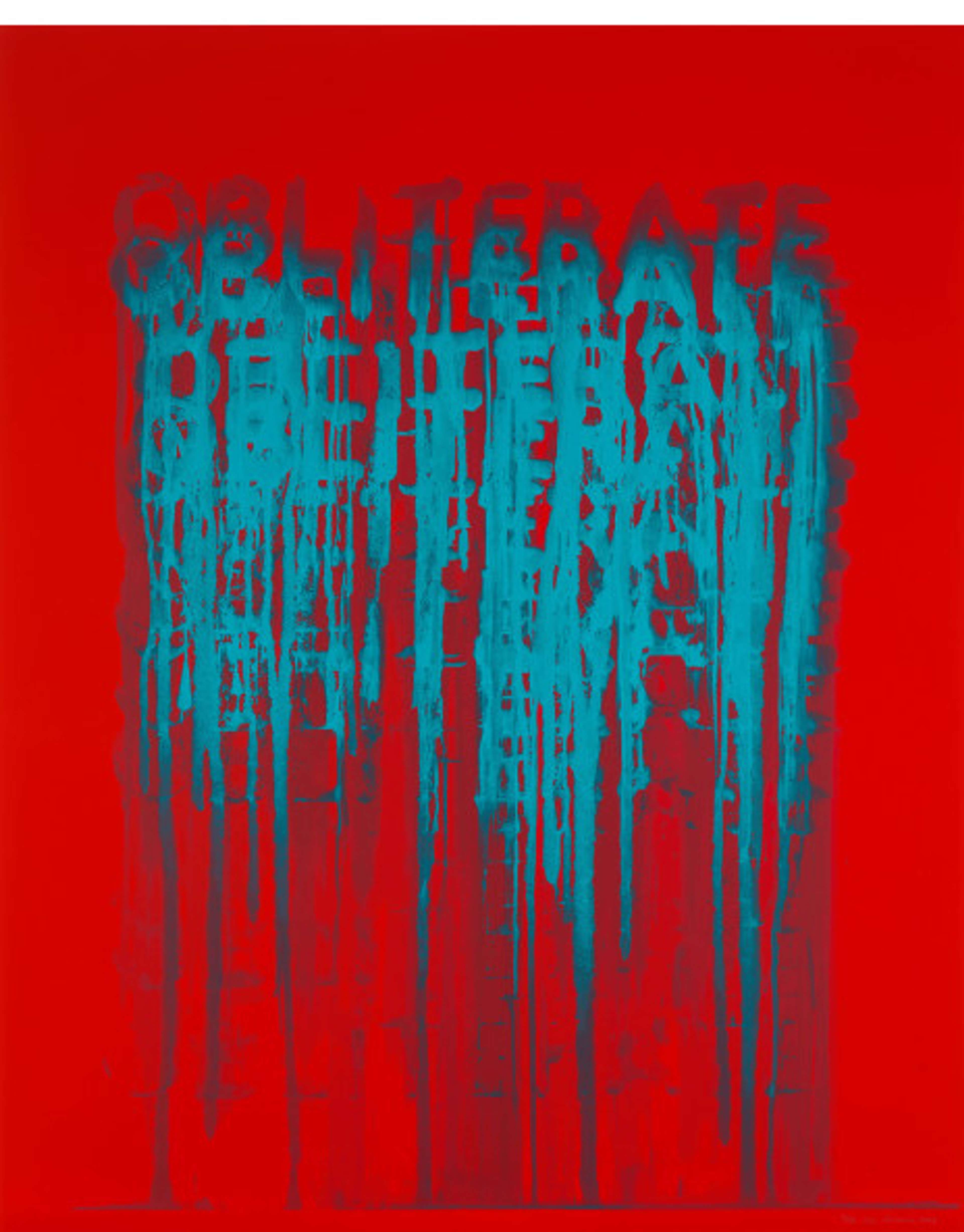 Une œuvre abstraite où le mot "obliterate" est répété en couches superposées, dans un bleu turquoise, créant un effet dynamique grâce au mélange et au dégradé des couleurs. Le fond rouge vif apporte contraste et intensité à la composition.Une œuvre abstraite où le mot "obliterate" est répété en couches superposées, dans un bleu turquoise, créant un effet dynamique grâce au mélange et au dégradé des couleurs. Le fond rouge vif apporte contraste et intensité à la composition.