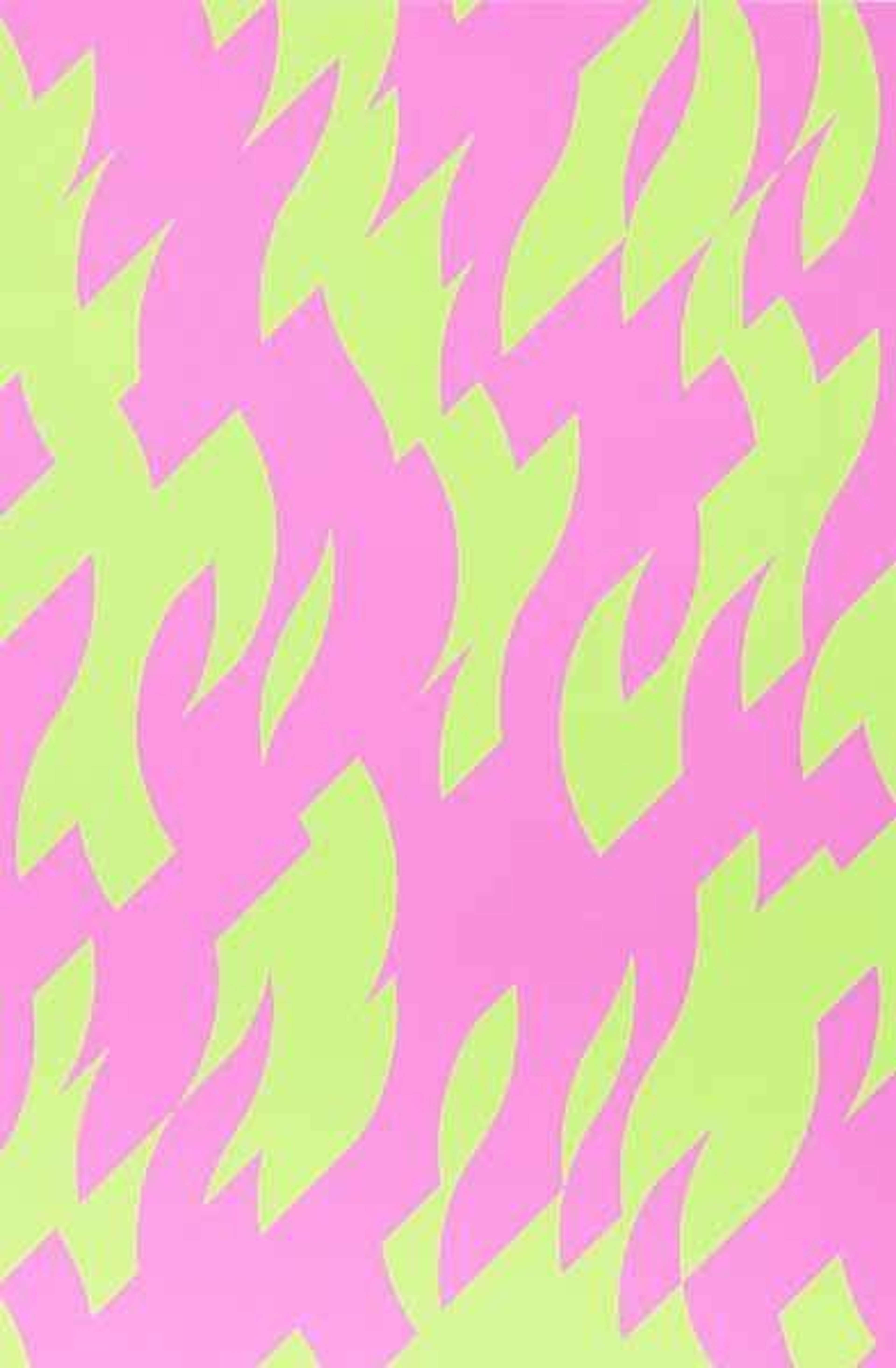 Des parallélogrammes aux lignes allongées et sinueuses, réalisés en vert et magenta.