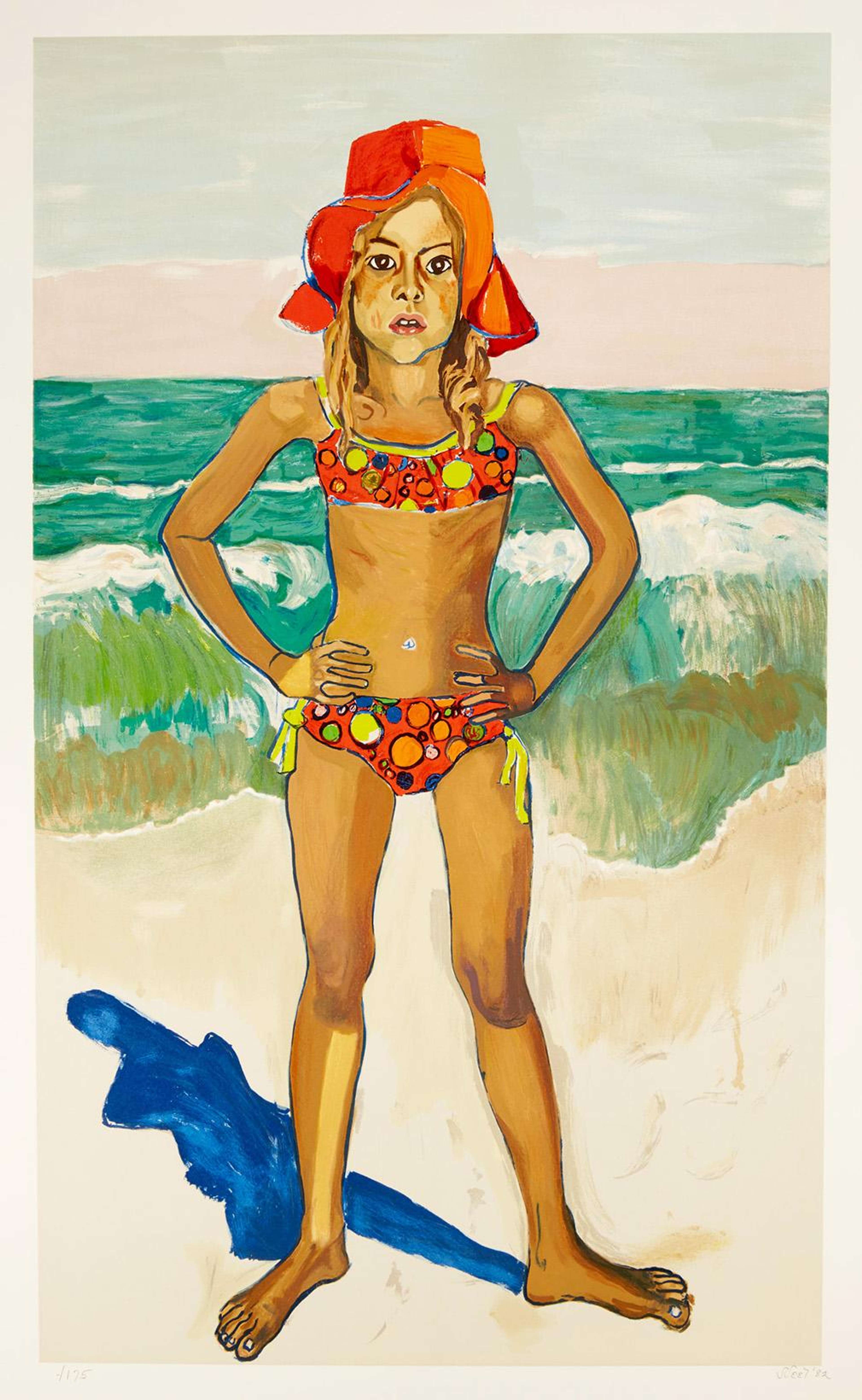 Une jeune fille se tient sur une plage, les mains sur les hanches. Elle porte un bikini rose et un chapeau rouge. Des vagues se brisent derrière elle. Comme c'est typique chez Neel, le style pictural est audacieux, expressif et plein de personnalité.