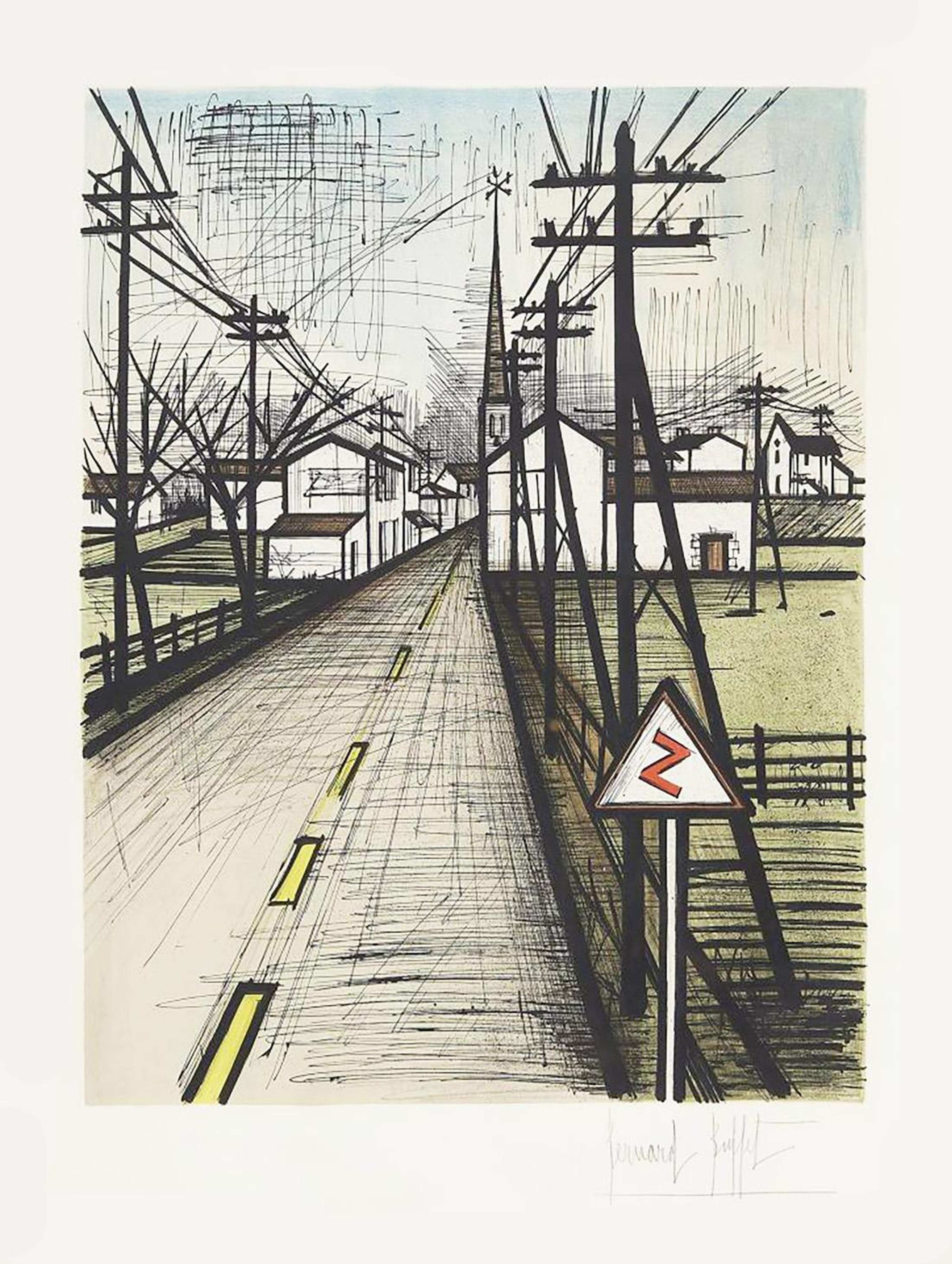 Une vue dessinée de manière géométrique, descendant une route vers une petite ville. Les maisons sont blanches avec des toits marron et sont tracées avec une précision angulaire. Le remplissage du ciel, de l'herbe et de la route utilise des lignes verticales, horizontales et diagonales. Au loin se dresse le clocher d'une église, et au premier plan, on trouve un panneau de signalisation routière et une série de poteaux télégraphiques.
