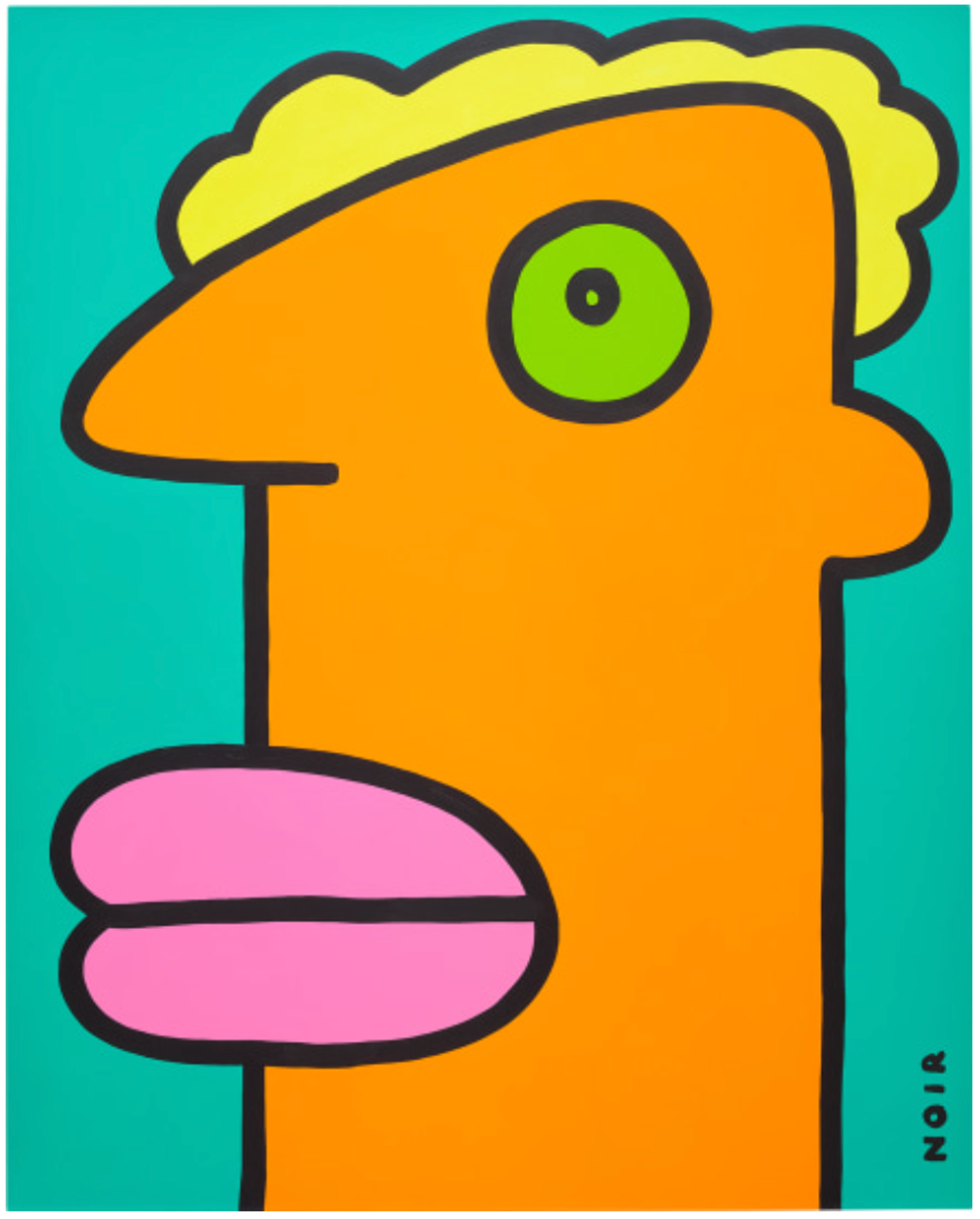 Une peinture vibrante aux couleurs franches, notamment des nuances d'orange, de turquoise, de jaune, de rose et de vert. L'œuvre représente un visage de profil, dans un style de caricature dessinée, souligné par des lignes noires épaisses.