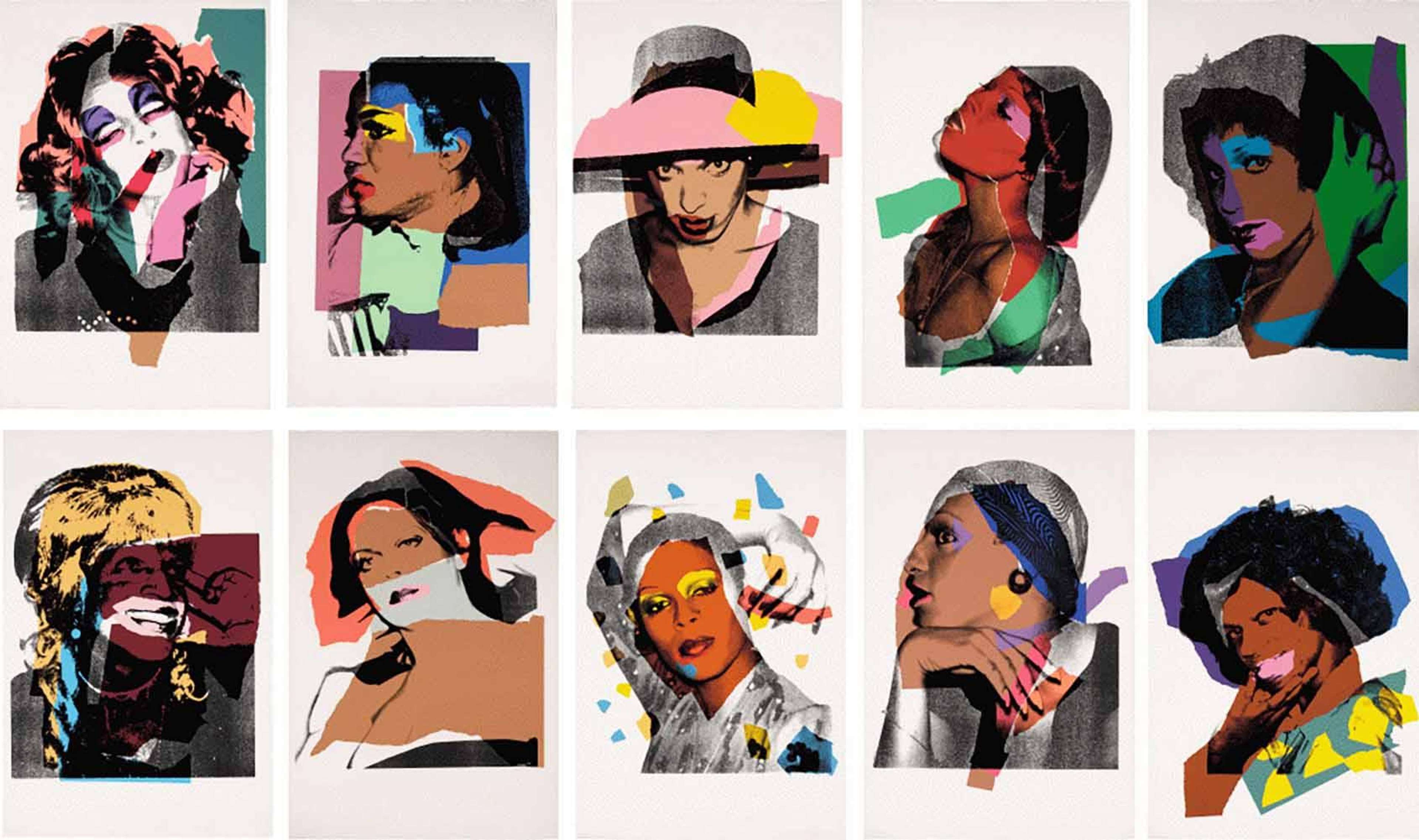 Ten Pop art style portraits of transgender woman with bold expressive colour overlays.