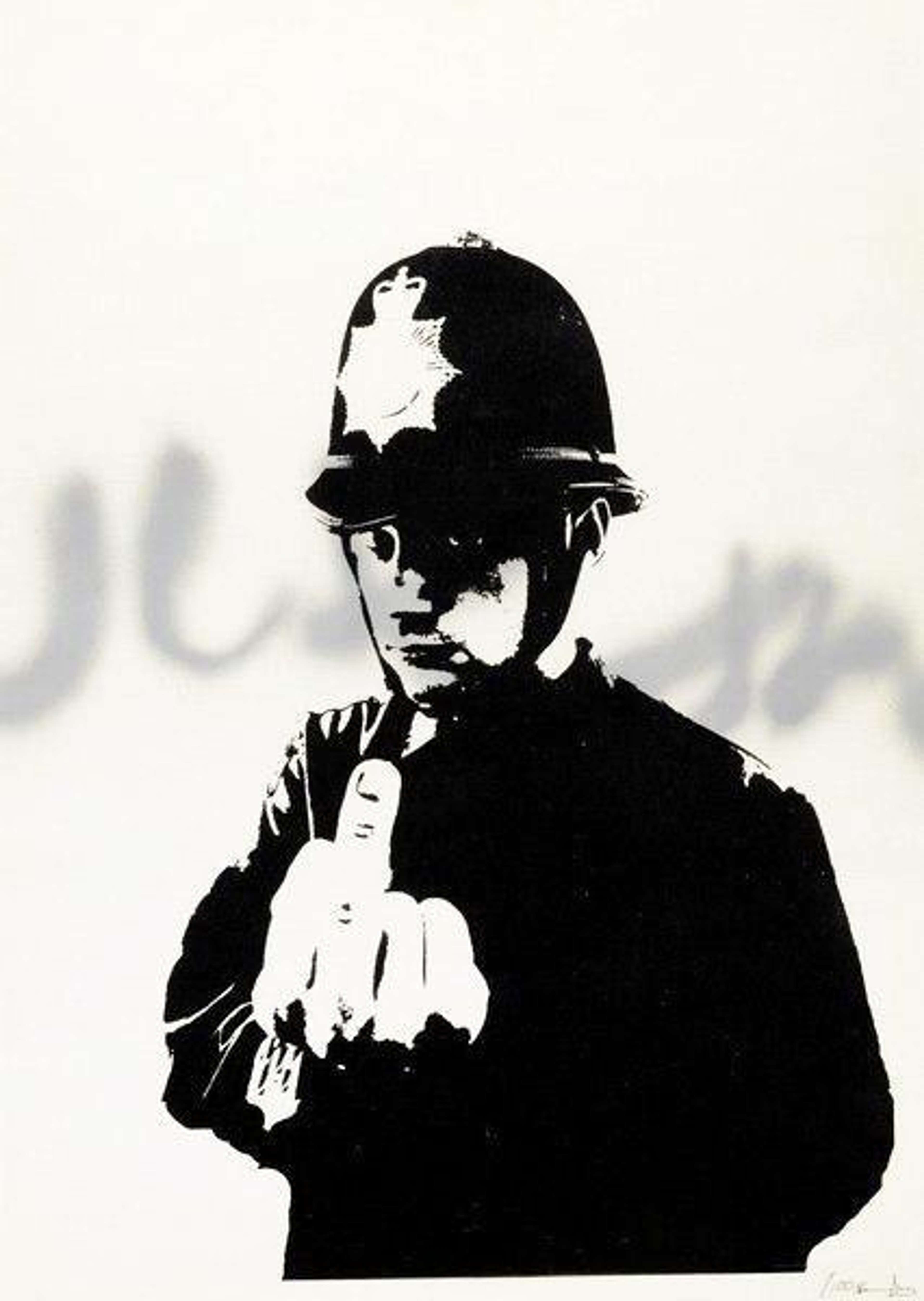 A black-and-white screenprint of a British bobby in a custodian helmet thrusting a foreshortened middle finger toward the viewer.