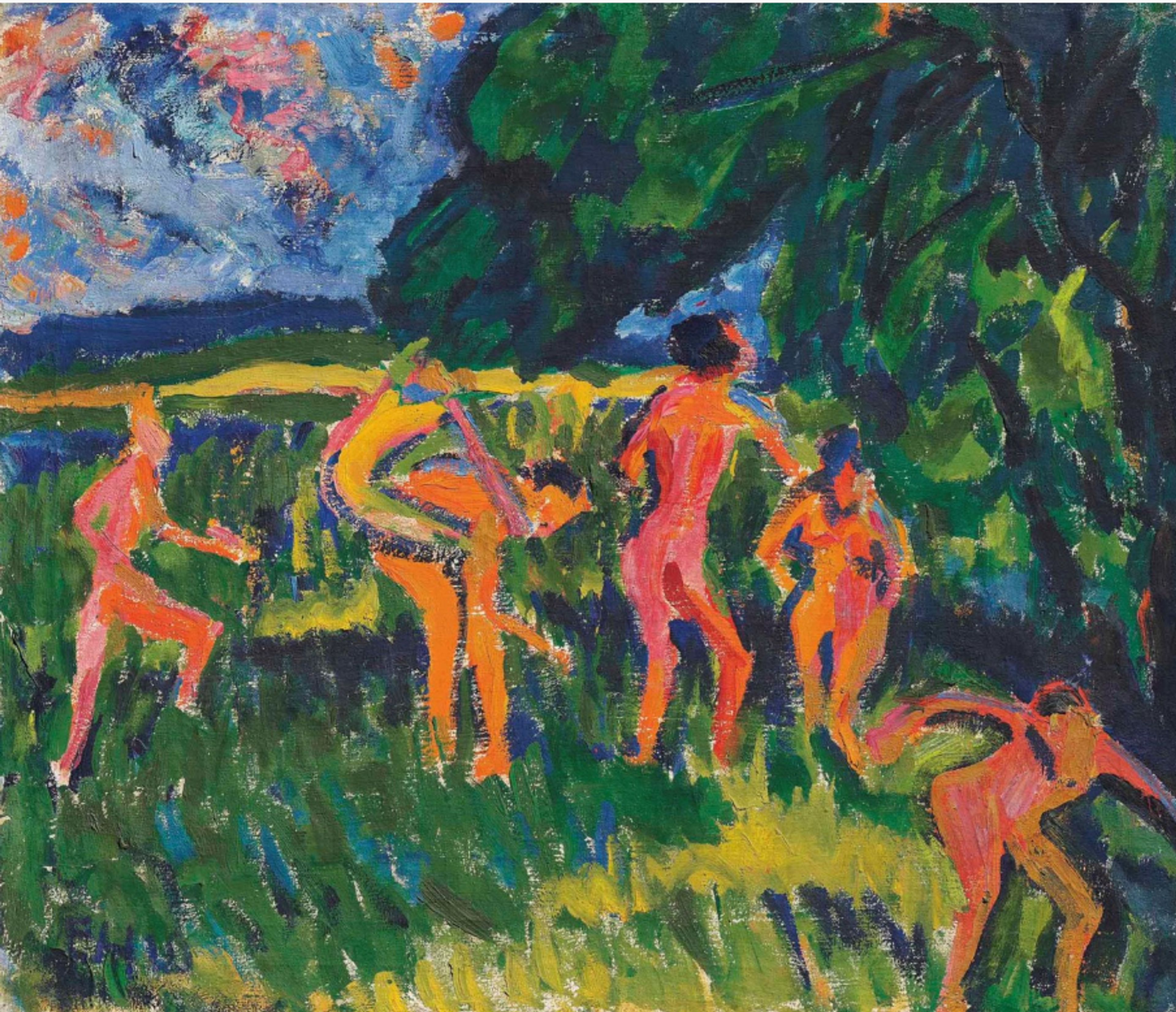 An expressive painting depicting a group of nude figures in a lush green landscape. The scene is filled with dynamic brushstrokes and vivid colours, including shades of orange, pink, and green, set against a dramatic blue sky with streaks of orange and white.