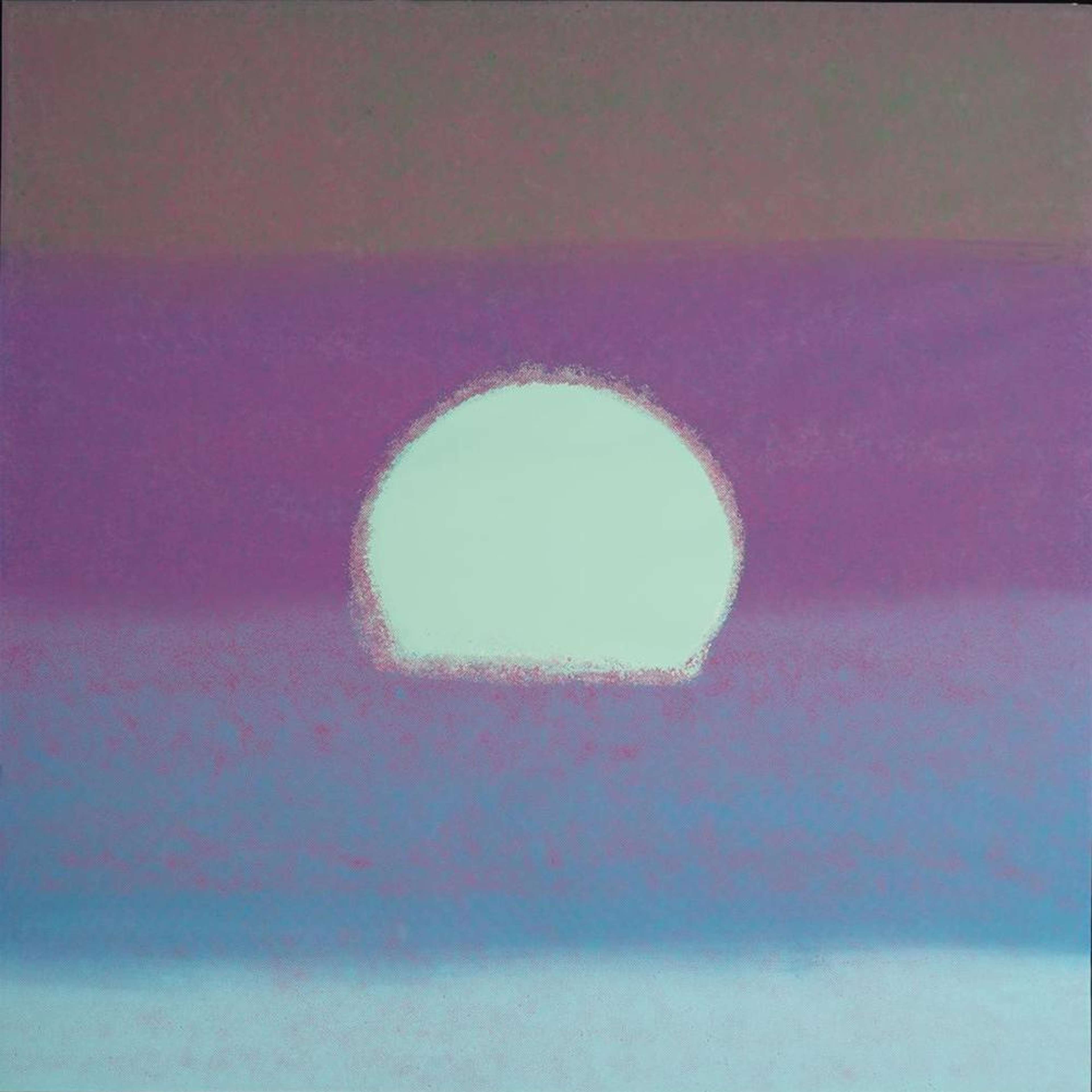 Screenprint of purple and blue gradient background with a white sun in the centre