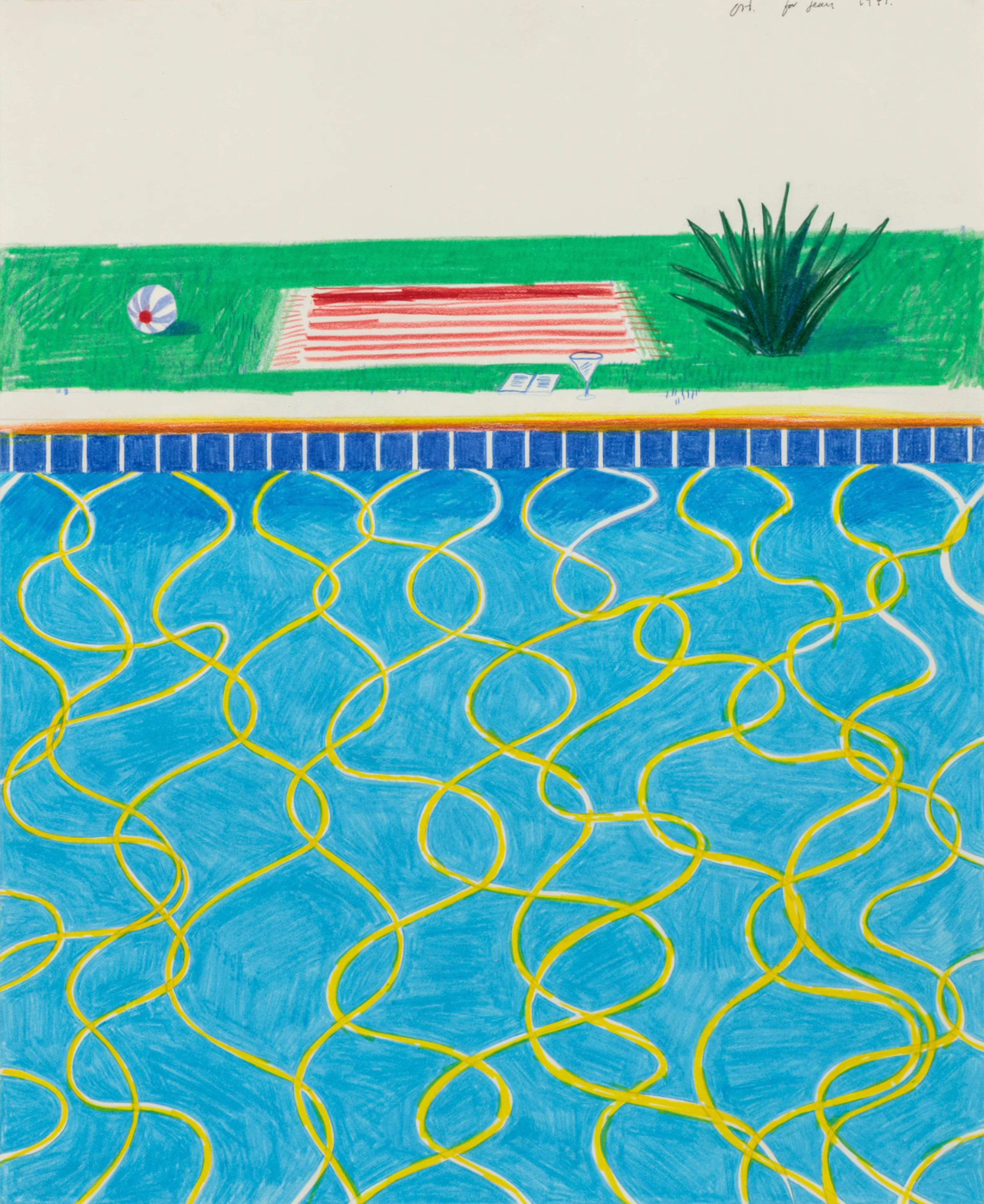 Dessin sur papier d'une piscine recadrée par David Hockney, représentant une serviette, un verre à martini et un livre ouvert au bord de la piscine. Des bleus et des verts vibrants dominent l'œuvre, tandis que des ondulations jaunes symbolisent les rayons du soleil sur l'eau.