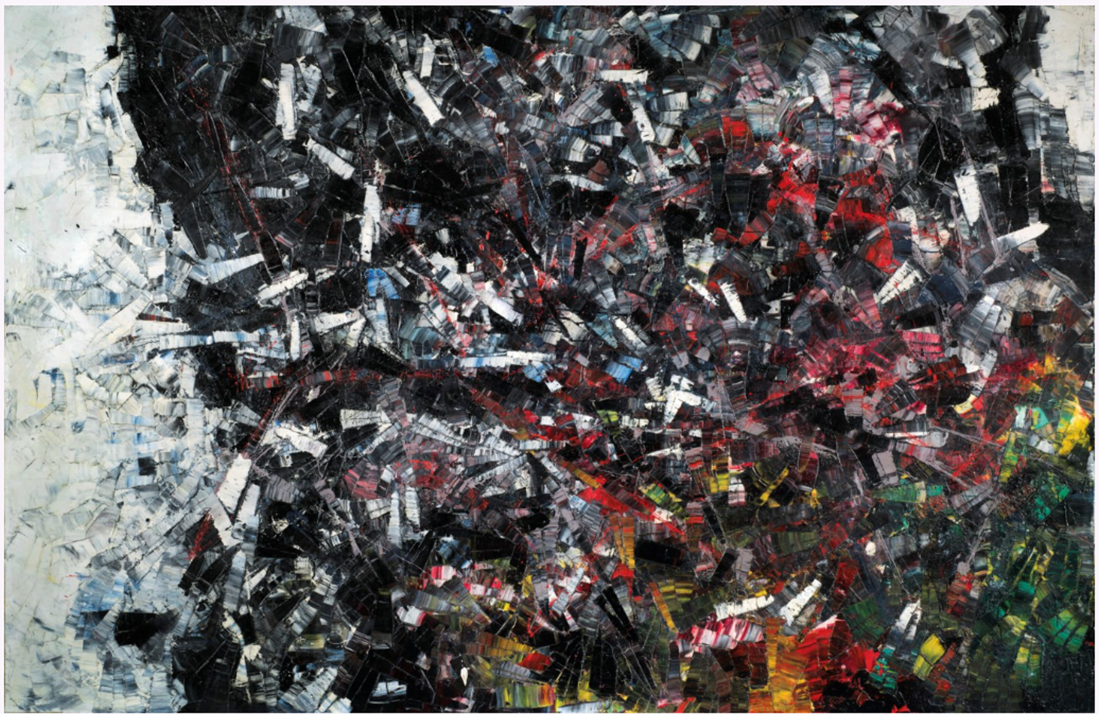 An abstract painting with a central dark, colourful expanse, bordered on either side by irregular areas of white, which resembles snow. The colour is applied in thick palette-knife strokes, with more red, yellow, and green visible in the lower right corner. The arrangement suggests an aerial view of an alpine landscape.