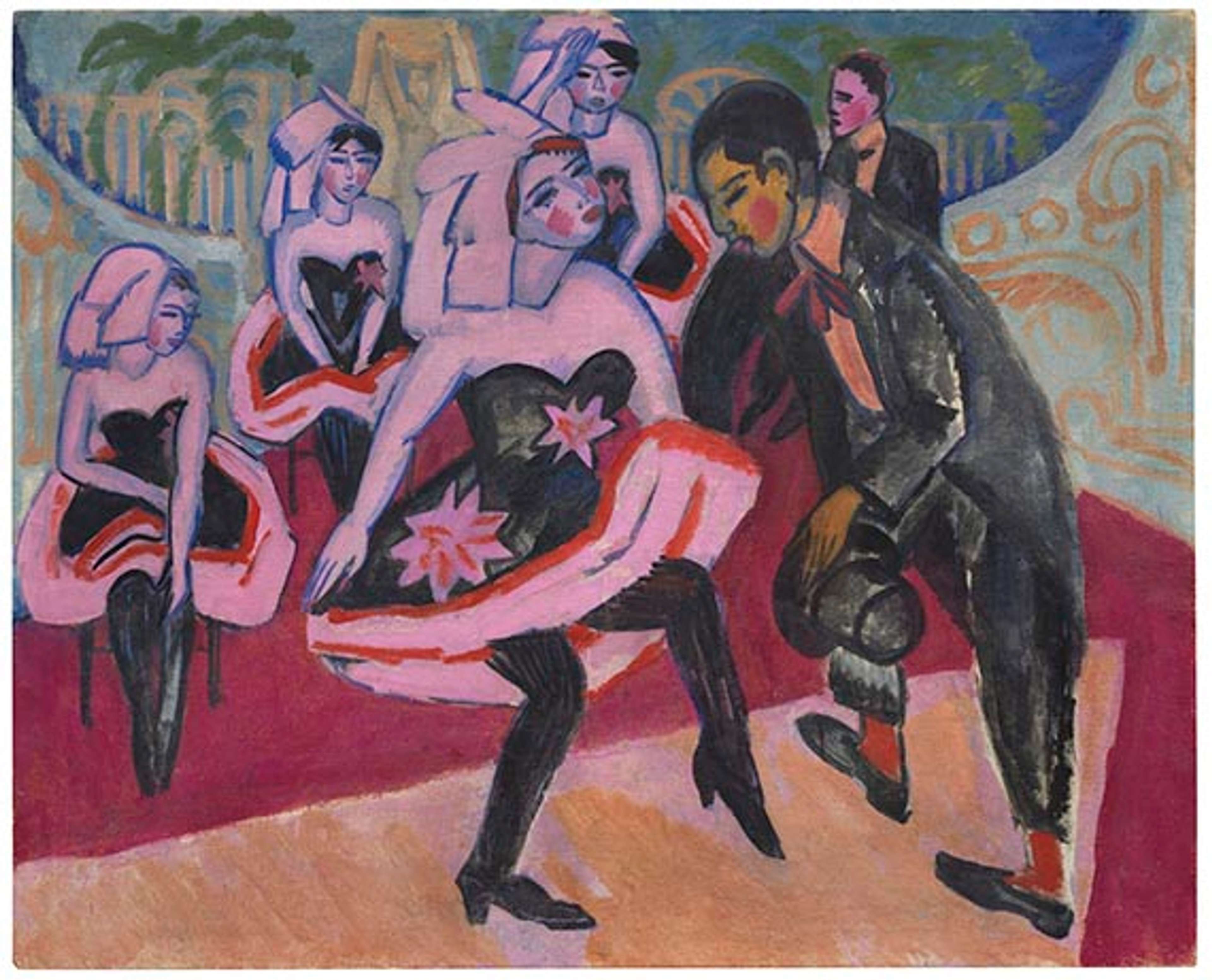 A vibrant nightlife scene depicting performers (four women and two men) in a cabaret or variety theatre. The composition is filled with movement and energy, rendered with bold, unmixed colours, primarily red, pink, and black, and thick, energetic brushstrokes. Figures appear slightly distorted and angular, creating a sense of motion and exaggerating the performance - for example, the women’s cheeks have red circles, and their collarbones are defined lines.
