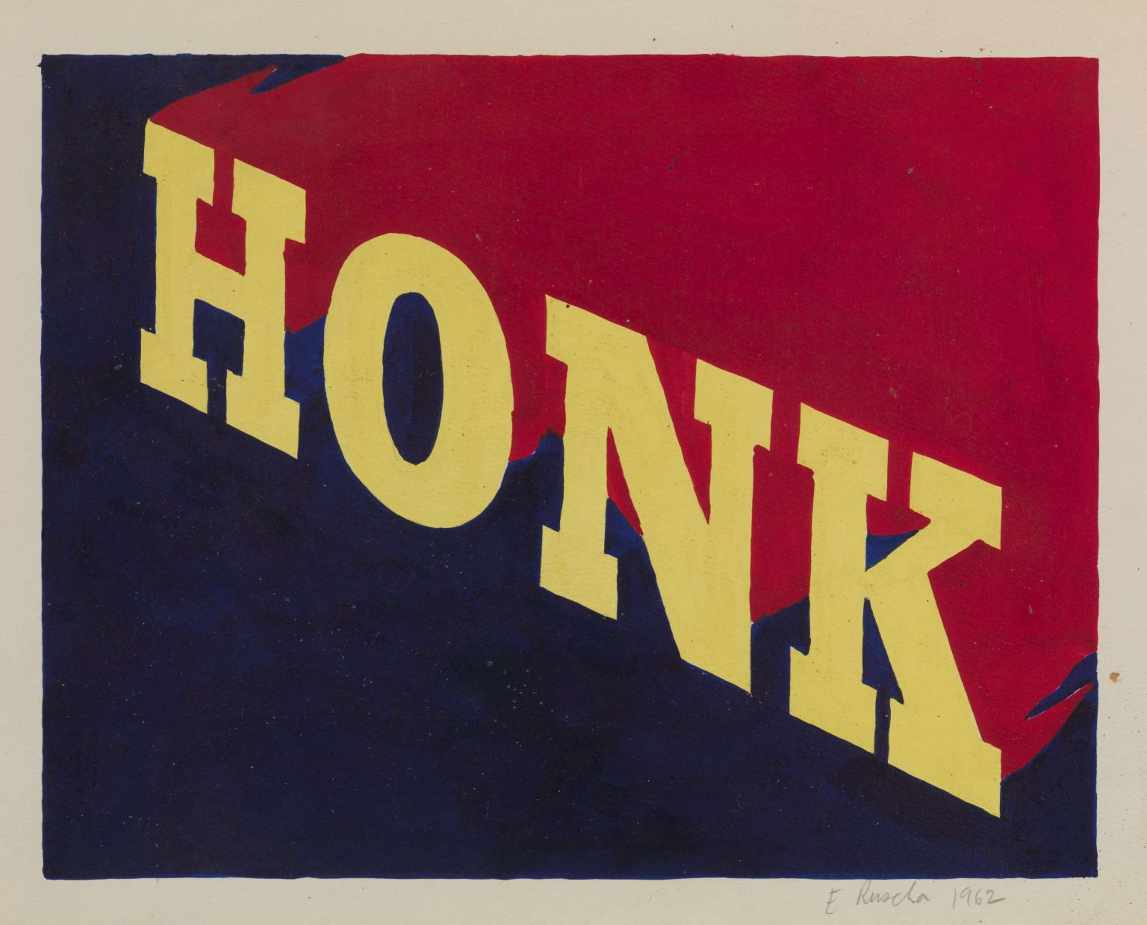 Peinture d'Ed Ruscha représentant le mot « HONK », en typographie serif capitalisée et inclinée en diagonale. Les lettres sont peintes en jaune vif sur un fond bleu profond. Les lettres traînent une zone rouge foncé perpendiculaire au lettrage jaune, ce qui suggère une profondeur dans le plan de l'image.