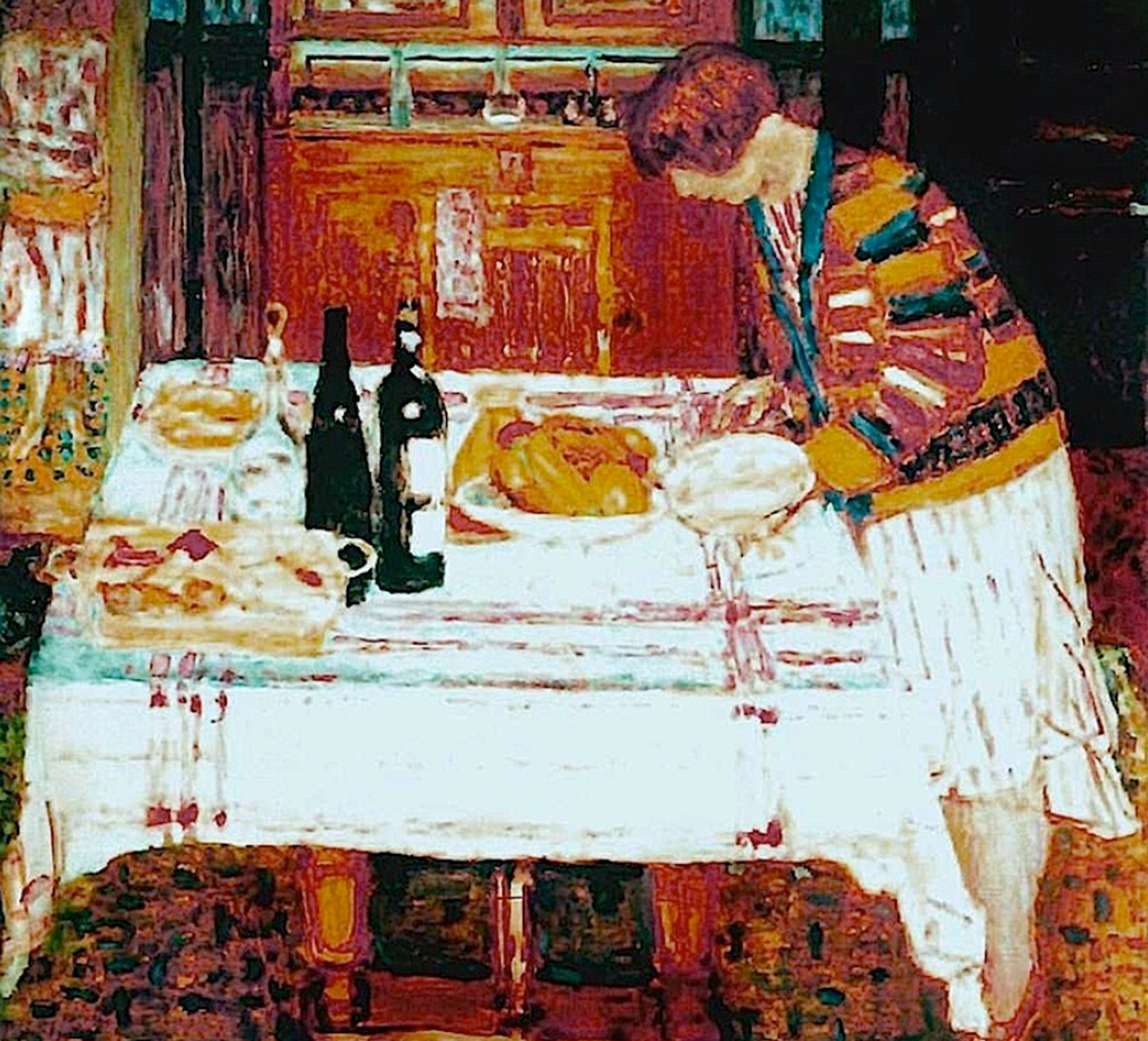 A dining room with a white-clothed table after a meal. A female figure with cropped brown hair, wearing a striped jumper and white skirt, stands to the right, with wine bottles and dishes still on the table. A wooden cabinet is visible behind, and the table legs are visible below. The perspective is deliberately flat. Each colour contains a multitude of other colours, creating rich visual texture.