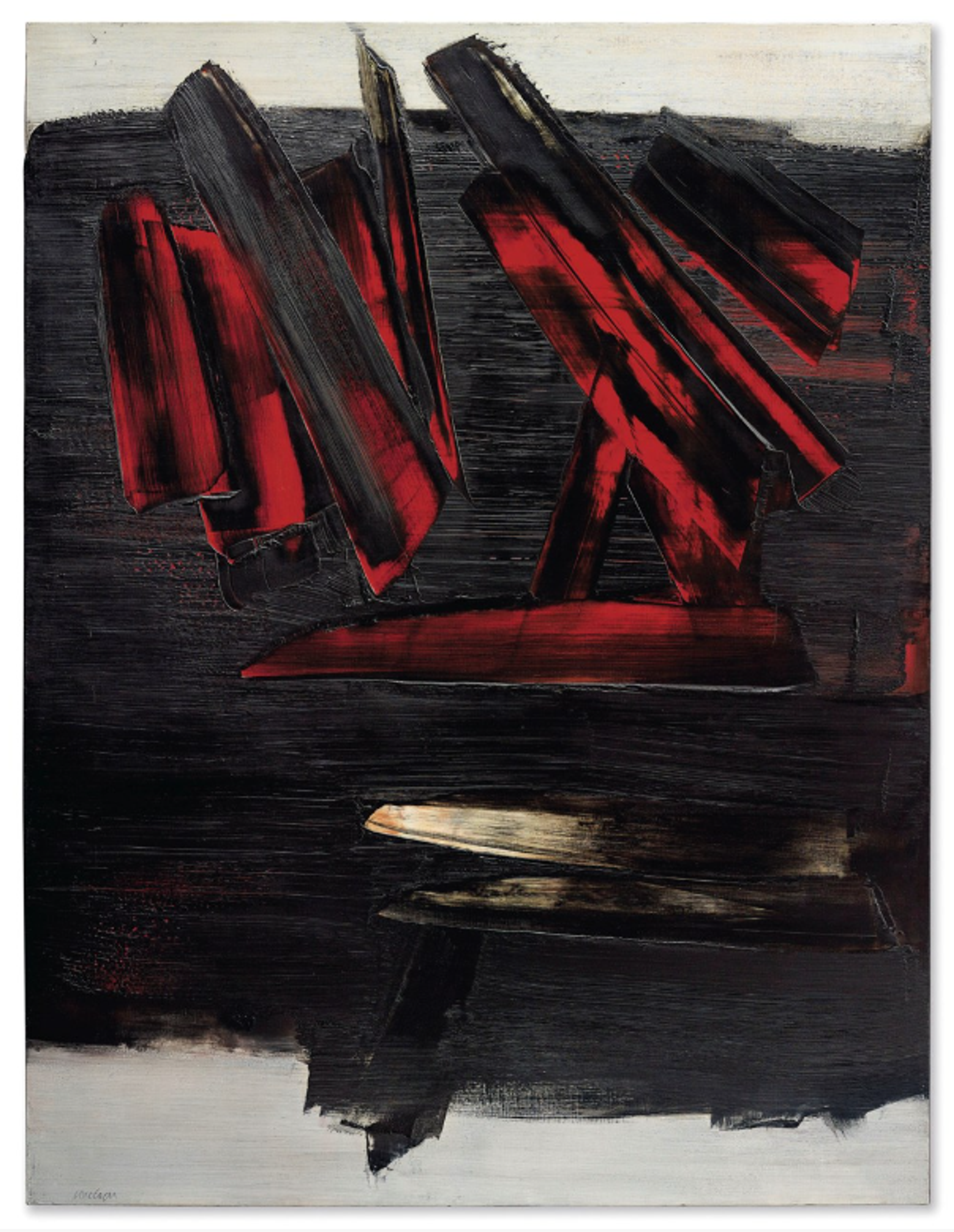 An abstract painting with thick black brushstrokes layered over a red underpainting. The canvas along the top and bottom is left bare.