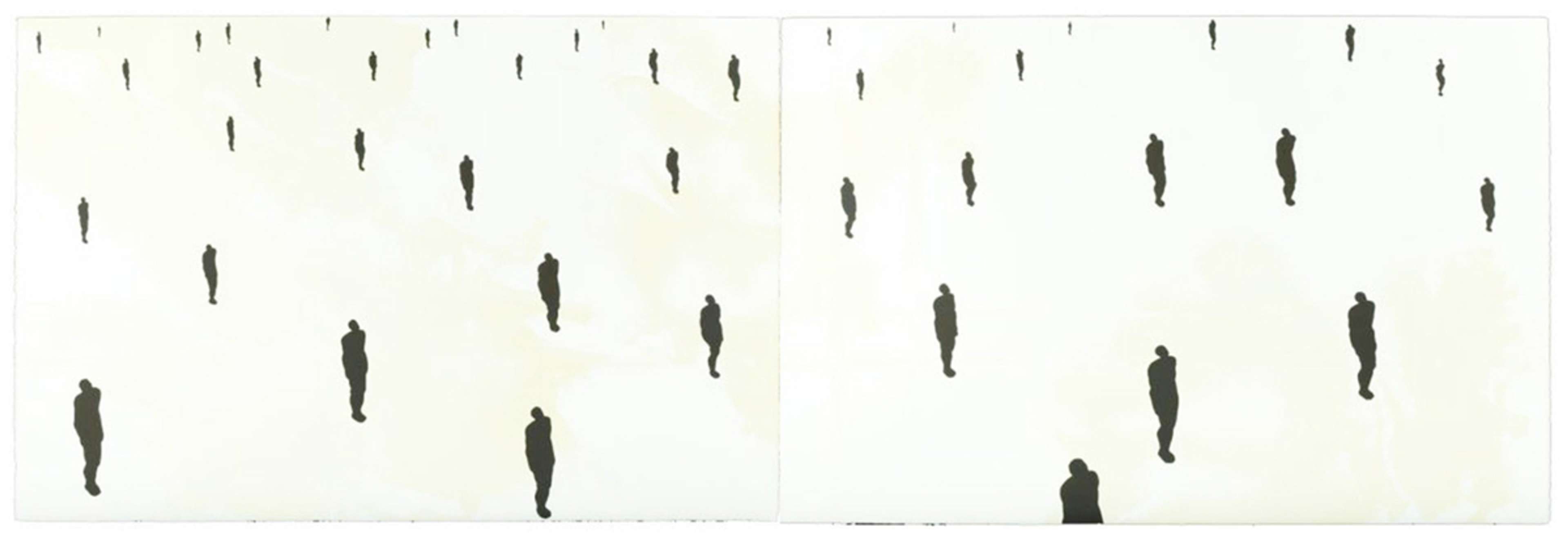 Une image de l'estampe « History » d'Antony Gormley : un groupe de silhouettes humaines, espacées, dessinées en noir sur fond blanc.