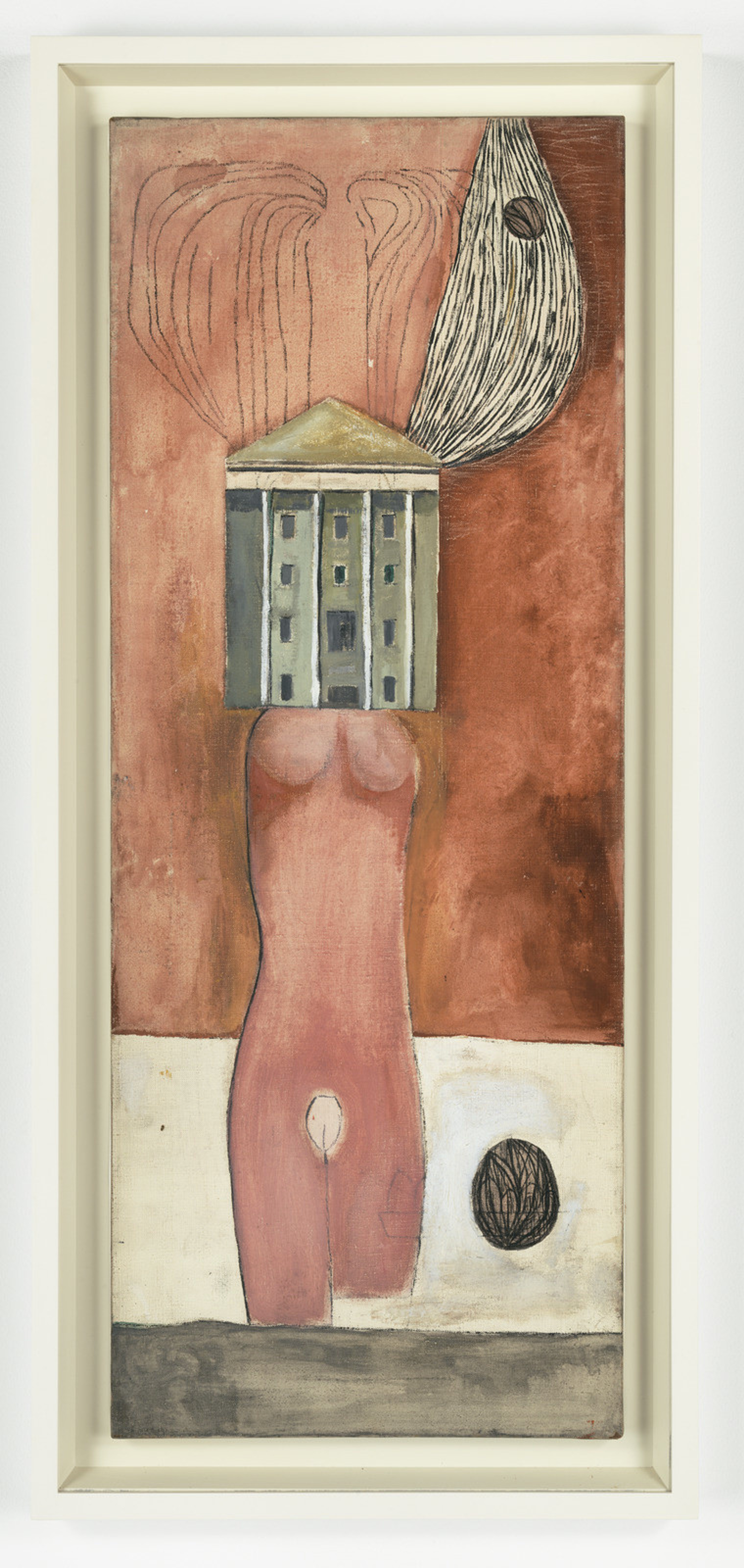 Une estampe de l'artiste Louise Bourgeois, intitulée « Femme Maison ». On y voit la silhouette d'une femme coupée par une maison recouvrant le buste et le visage, devant un fond rouge discret.