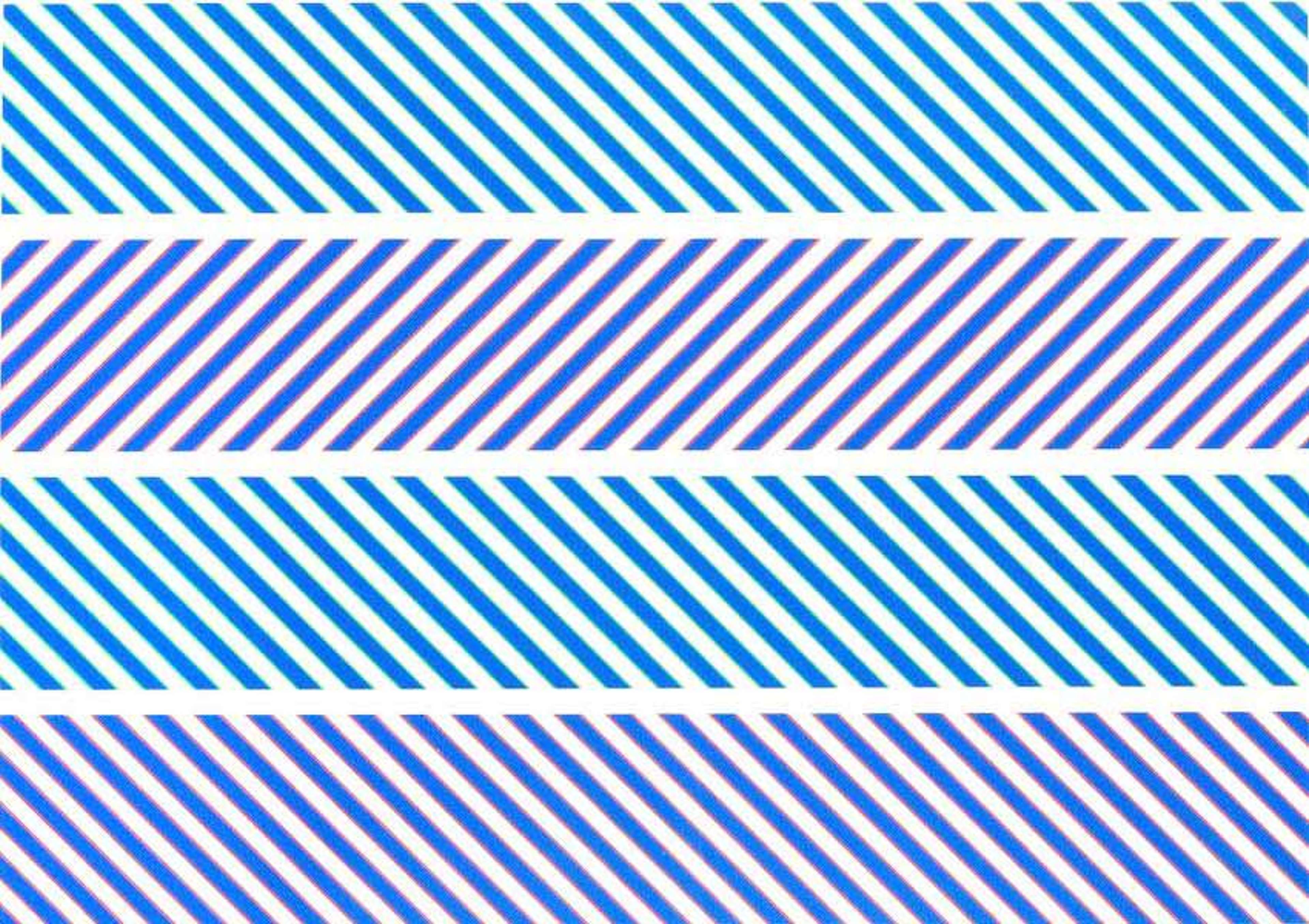 Le « Rothko Portfolio » de Bridget Riley. Une sérigraphie Op Art représentant quatre rangées de rayures alternant bleu, blanc et rouge selon des motifs diagonaux.