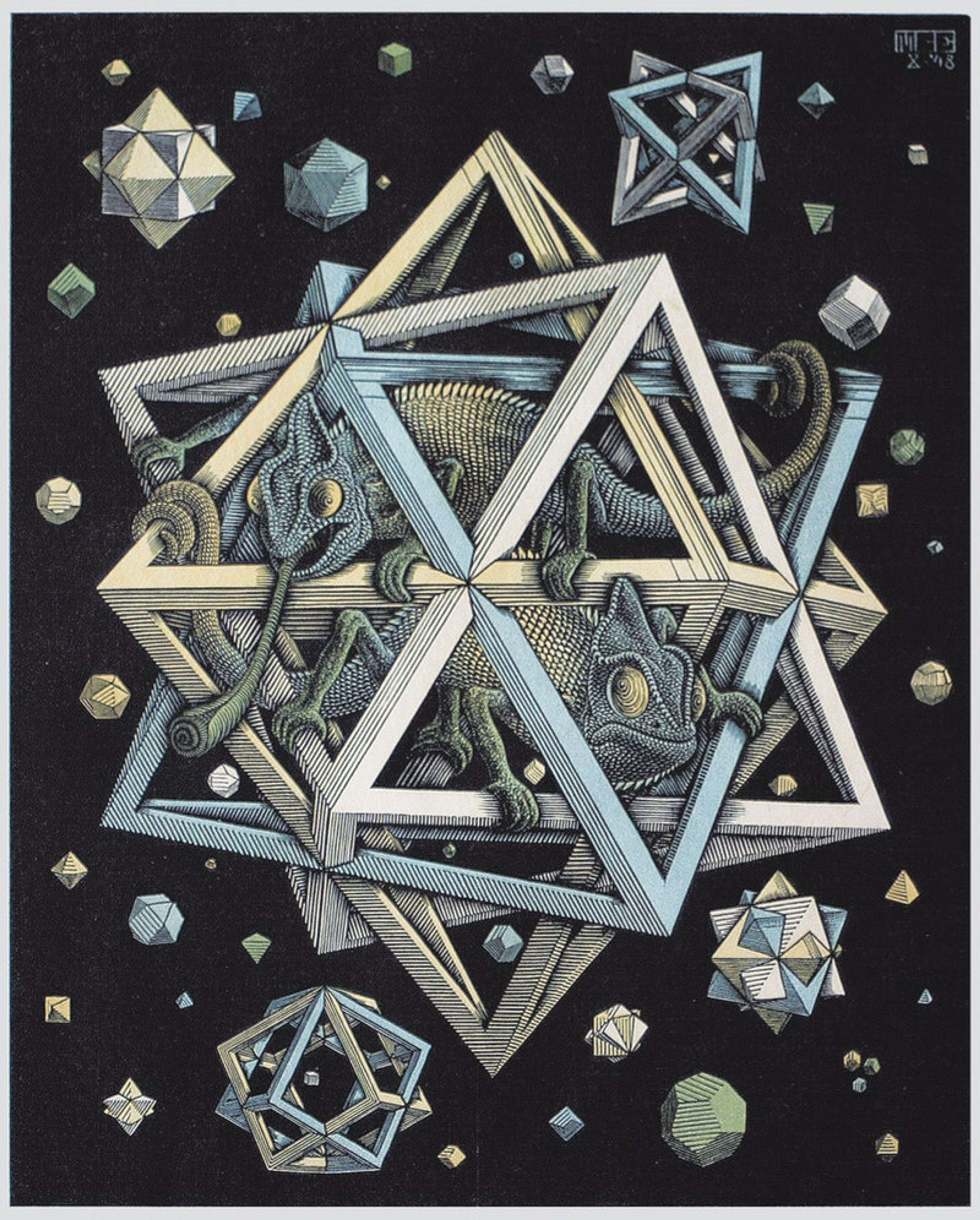 Une estampe lithographique en noir et blanc intitulée « Stars » par M.C. Escher. L'œuvre présente un motif répétitif d'étoiles s'imbriquant pour former un dessin géométrique, avec deux caméléons à l'intérieur.