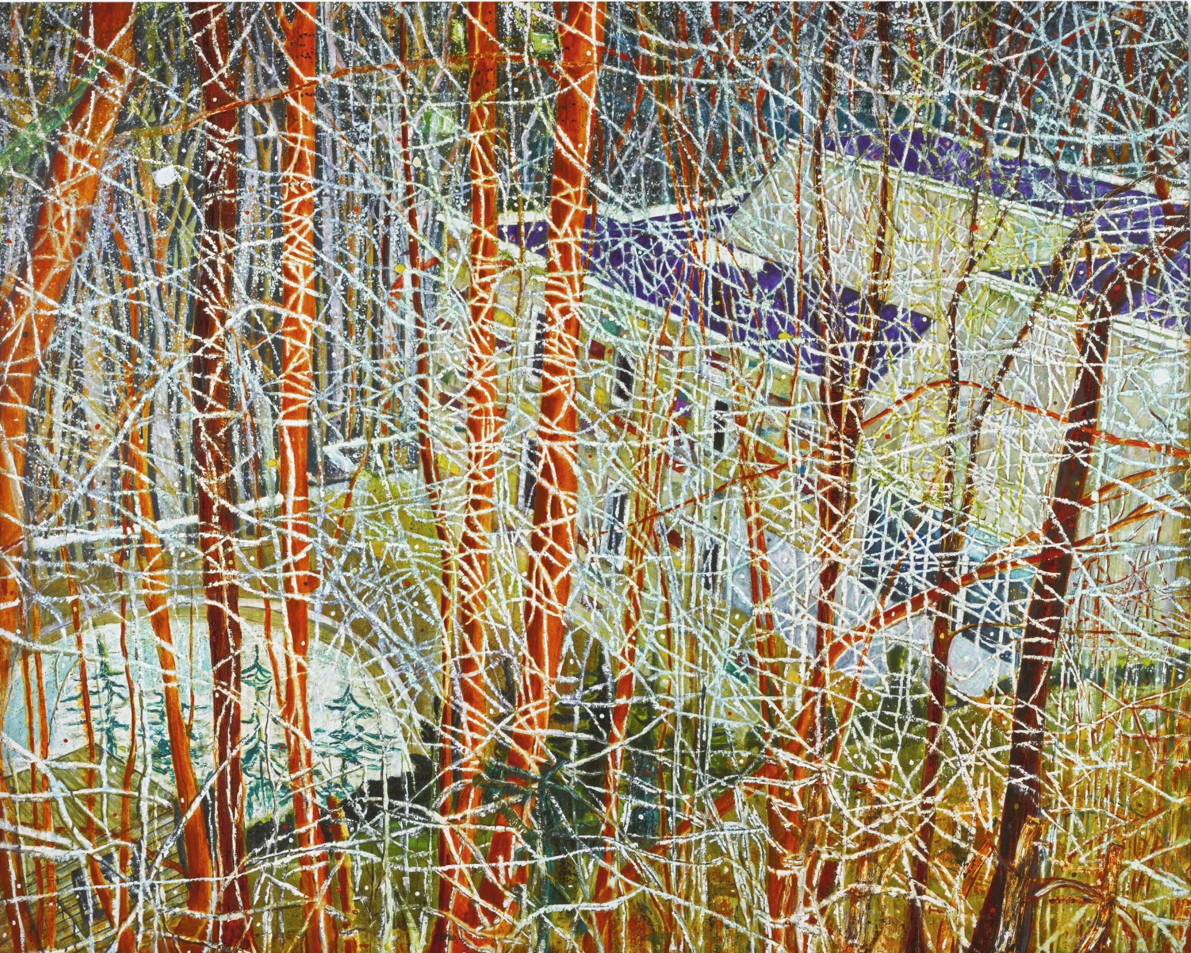 A painting featuring a dense, almost grid-like network of colourful tree branches and foliage in oranges, yellows and greens partially obscuring a Modernist house. The geometric architectural form is barely visible through the intricate, organic pattern of vegetation.
