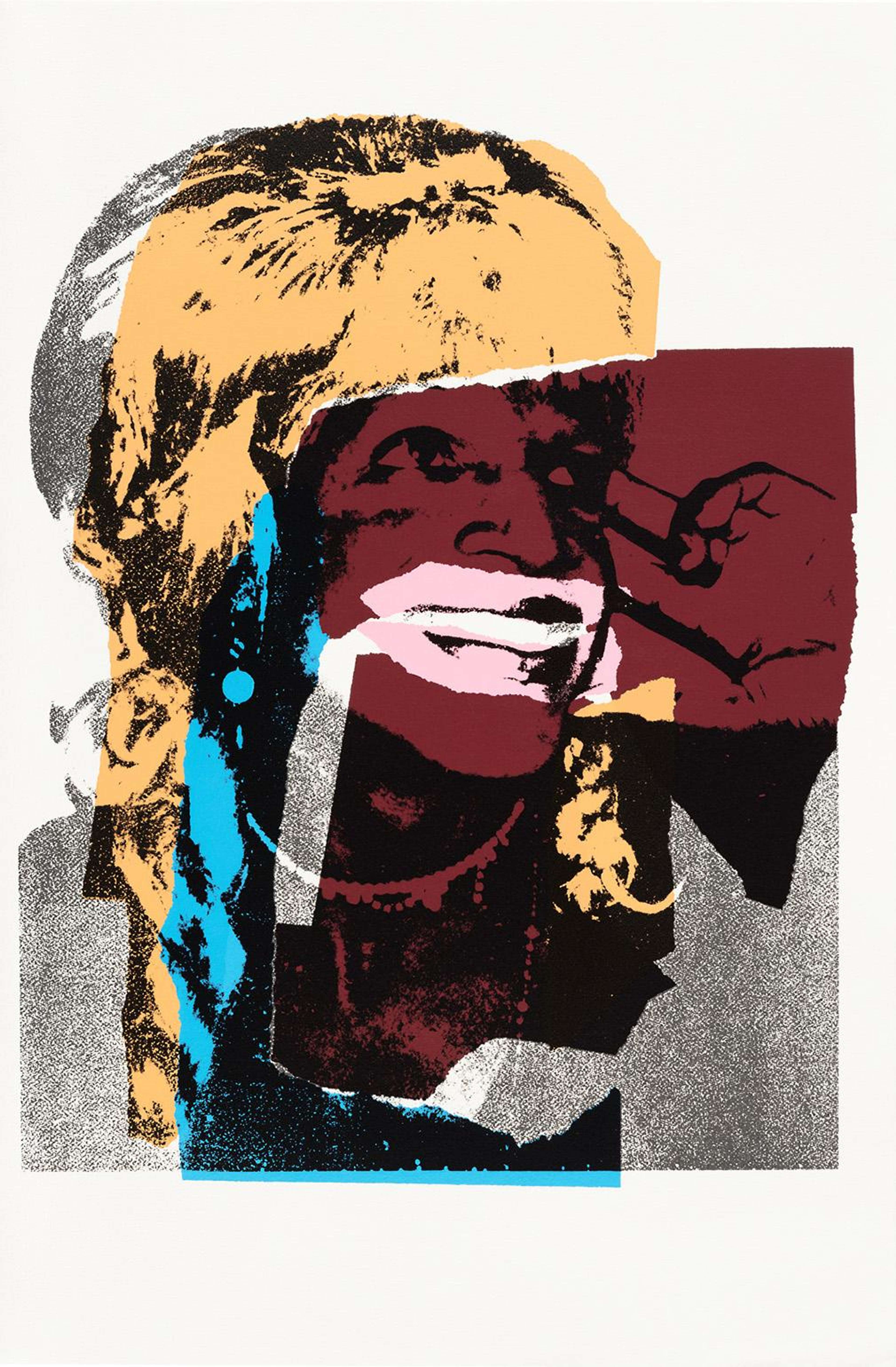 Un portrait en sérigraphie colorée représentant une personne souriante aux cheveux blonds, réalisé dans un style pop art. L'image se compose de couleurs superposées, notamment le jaune, le rouge, le bleu et le noir, avec des contrastes marqués et des éléments abstraits. Le visage du sujet est partiellement masqué par des formes et des couleurs qui se chevauchent, caractéristique des techniques de l'impression sérigraphique.