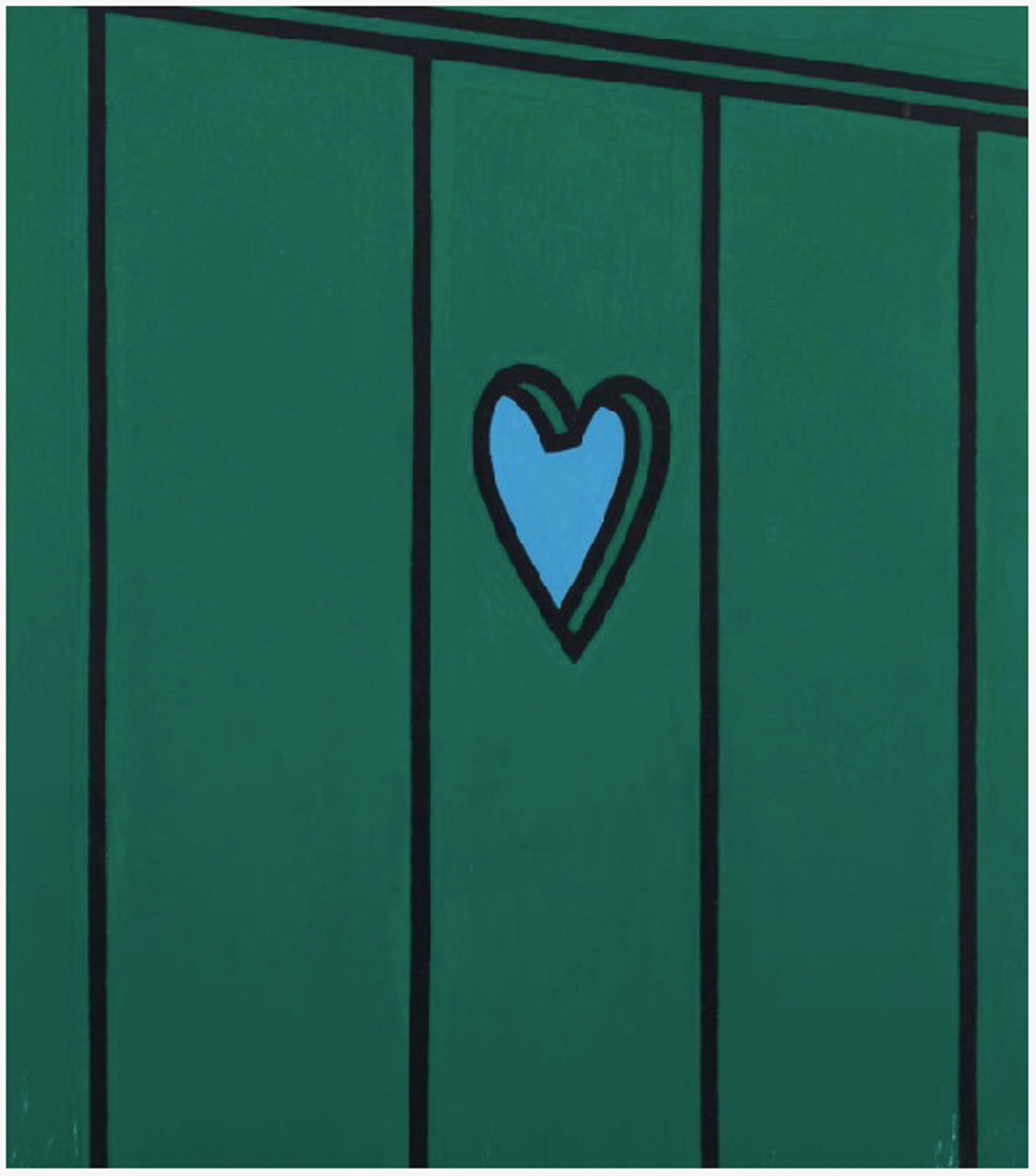 Image recadrée d'une clôture en bois vert foncé, avec de larges lignes verticales noires délimitant les panneaux individuels. Une petite découpe en forme de cœur dans le panneau central révèle un fond bleu clair.