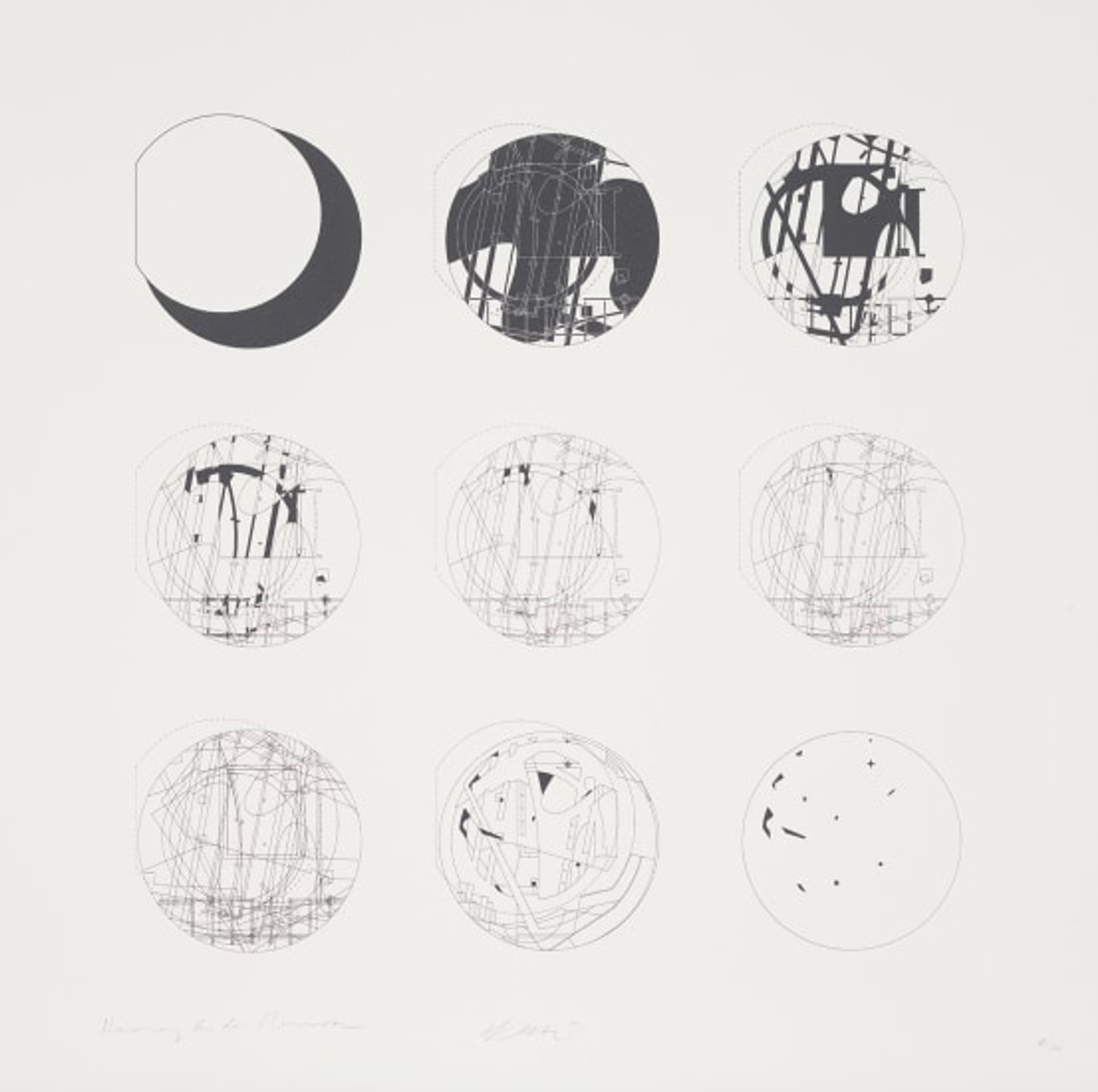 Neuf cercles disposés en grille de 3x3 avec des détails monochromes, le tout sur fond blanc