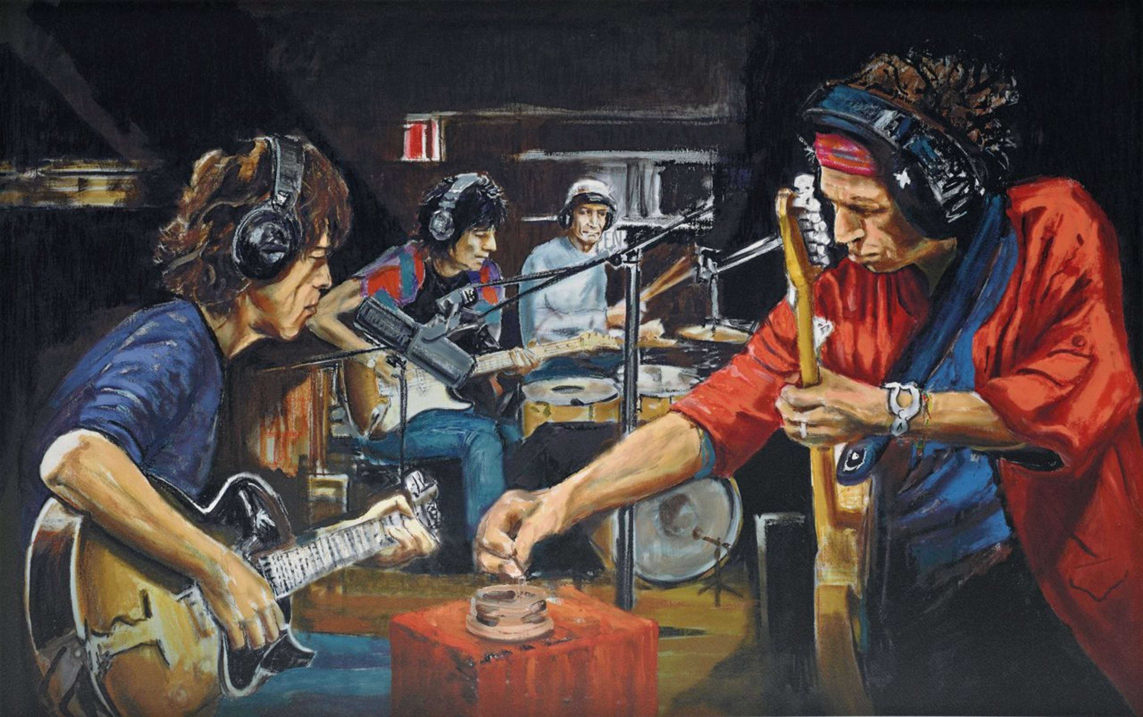 Une représentation des Rolling Stones dans le Recording Studio, fumant et jouant de leurs instruments.