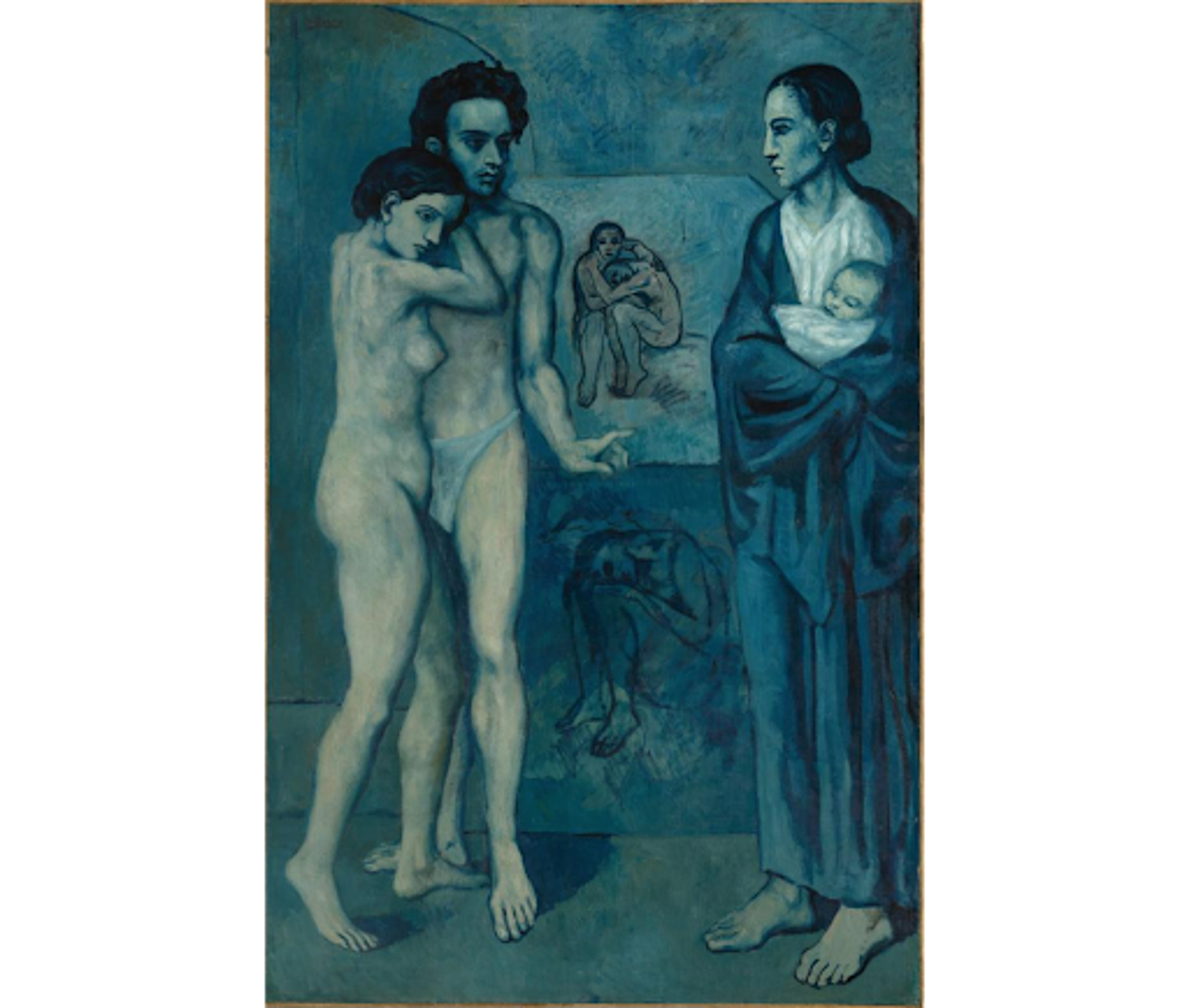 « La Vie » de Pablo Picasso. Une peinture de la période bleue représentant un couple nu à gauche et une femme tenant un bébé à droite, avec deux œuvres d'art en arrière-plan.