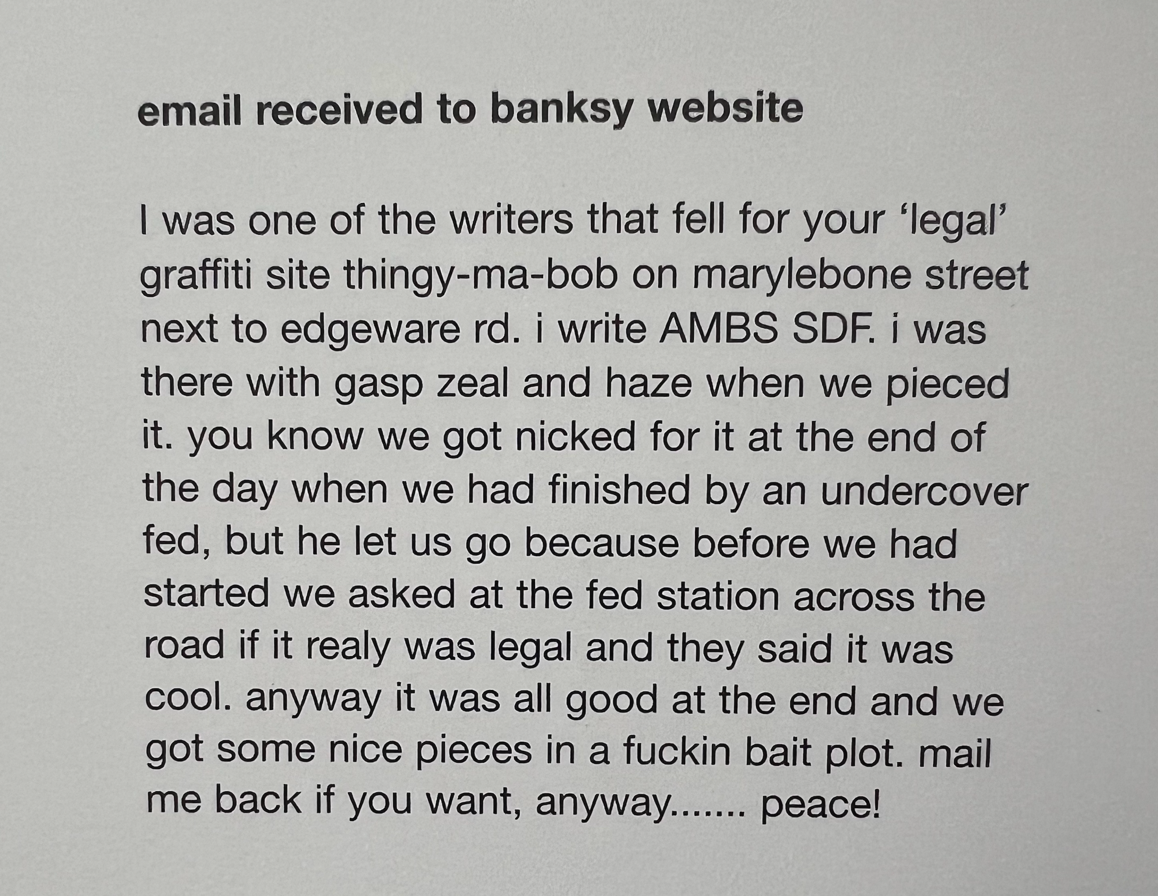 E-mail reçu par Banksy de la part d'AMBA
