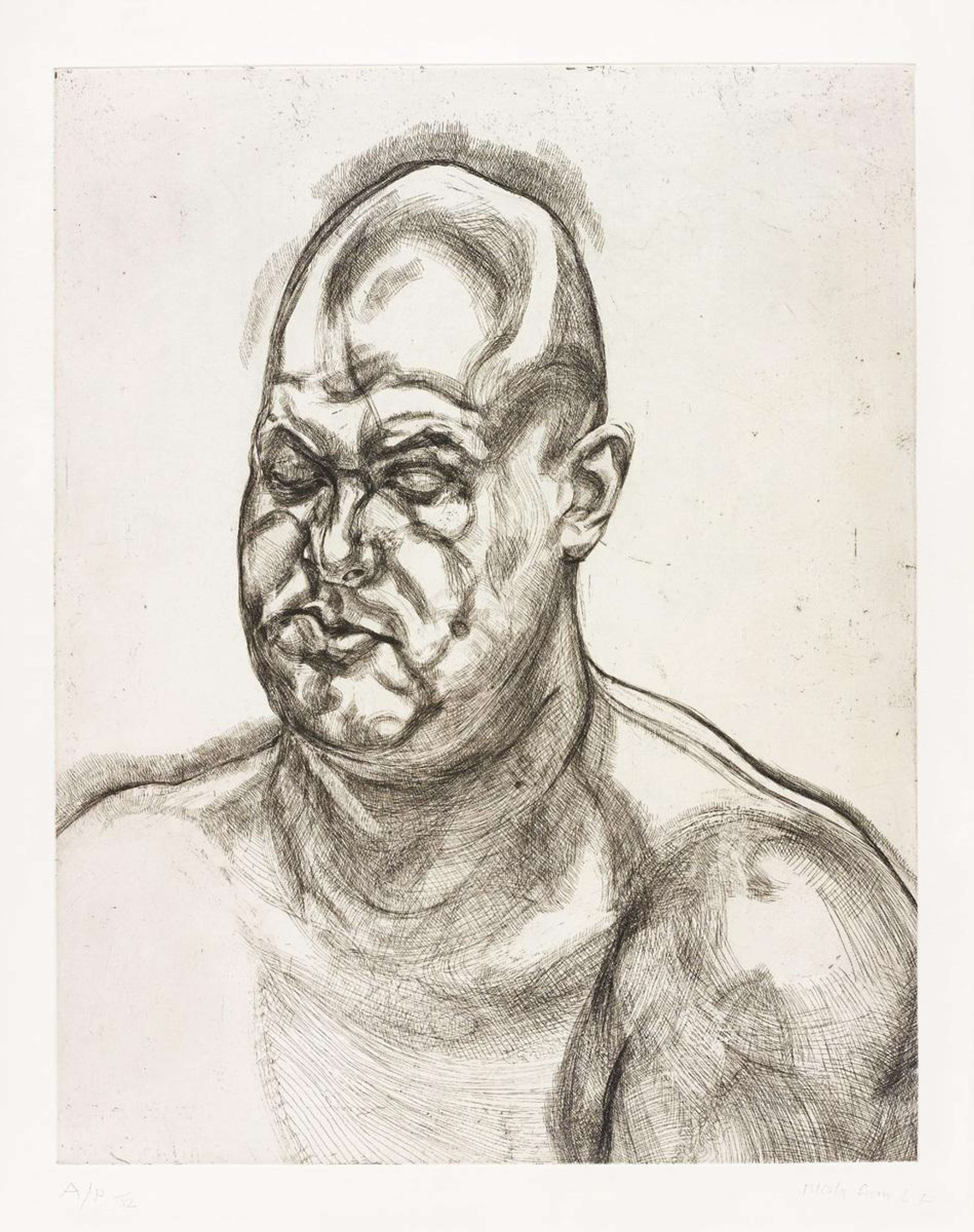 Une image de l'estampe « Large Head » de Lucian Freud. Elle représente un homme chauve et torse nu, dont le modèle est Leigh Bowery. L'œuvre est réalisée en monochrome.
