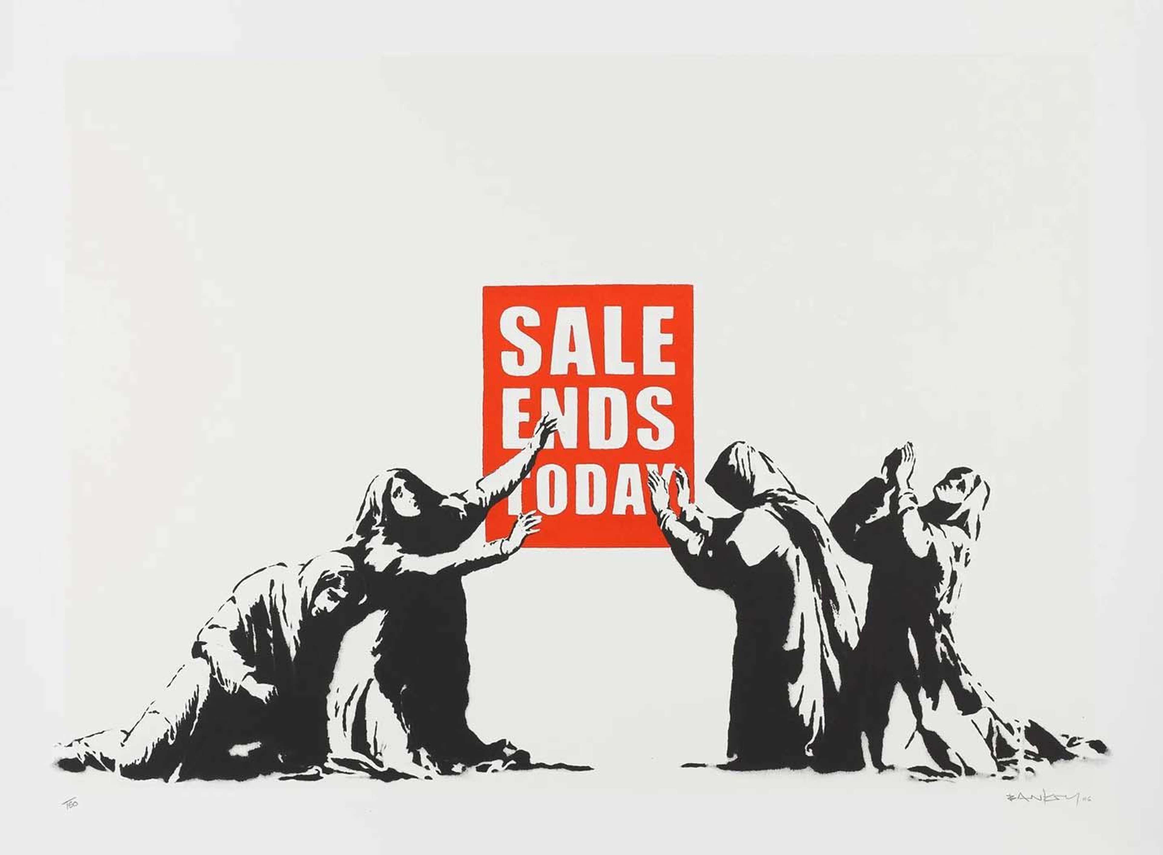 A screen print by Banksy, titled Sale Ends Today, depicting five classical figures kneeling and reaching towards a red sign reading “SALE ENDS TODAY”. The artwork features black-and-white engraved-style figures against a plain white background with a bold red typographic centrepiece, executed in Banksy’s signature stencil style, signed in the lower right corner.