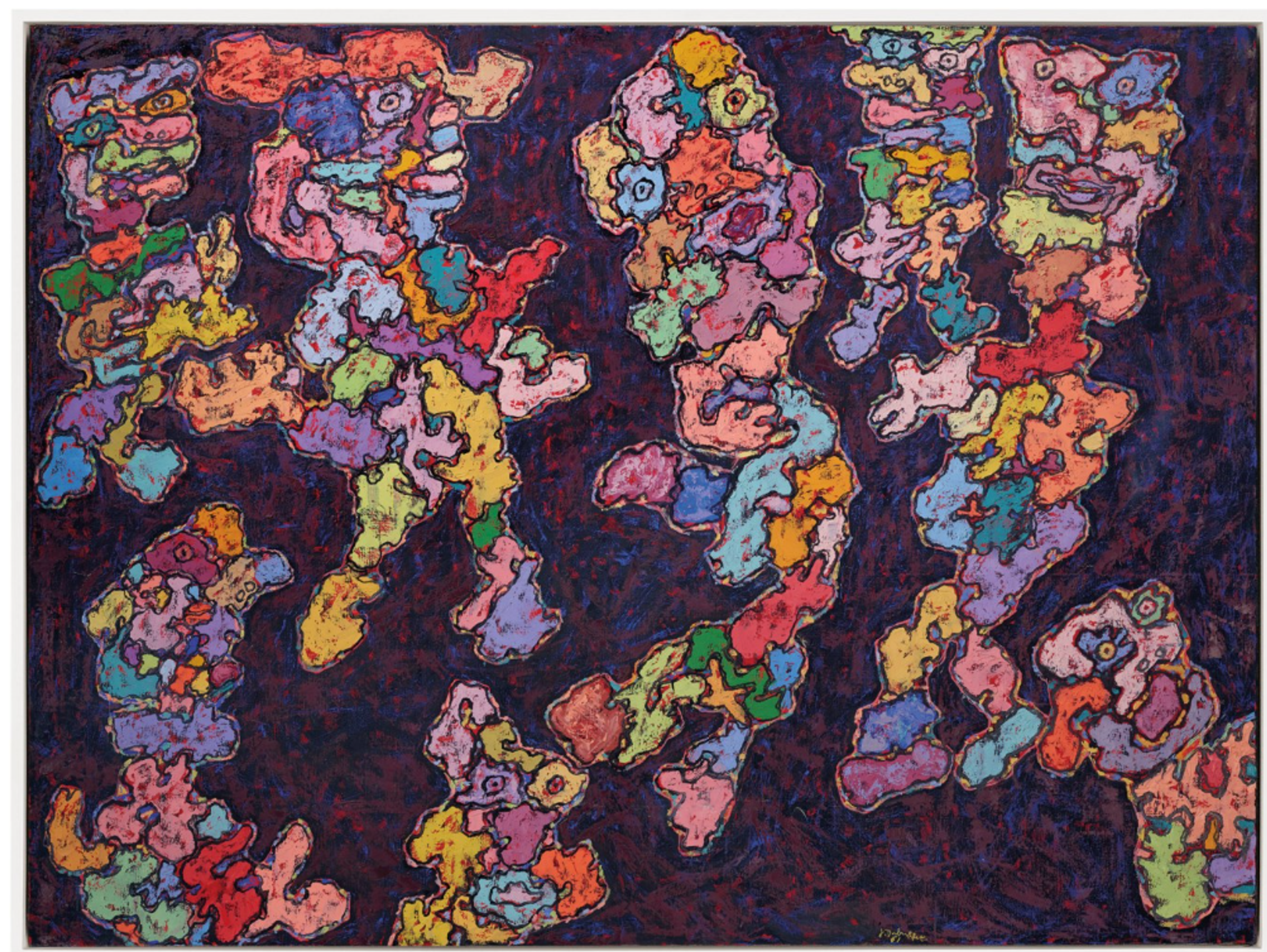 A dark purple background with eight abstract figures, each comprising clusters of bright, flower- or map-like forms in pink, yellow, blue, green, and orange. The figures, with their wiggling outlines and interior sections, appear to float on the deep background.