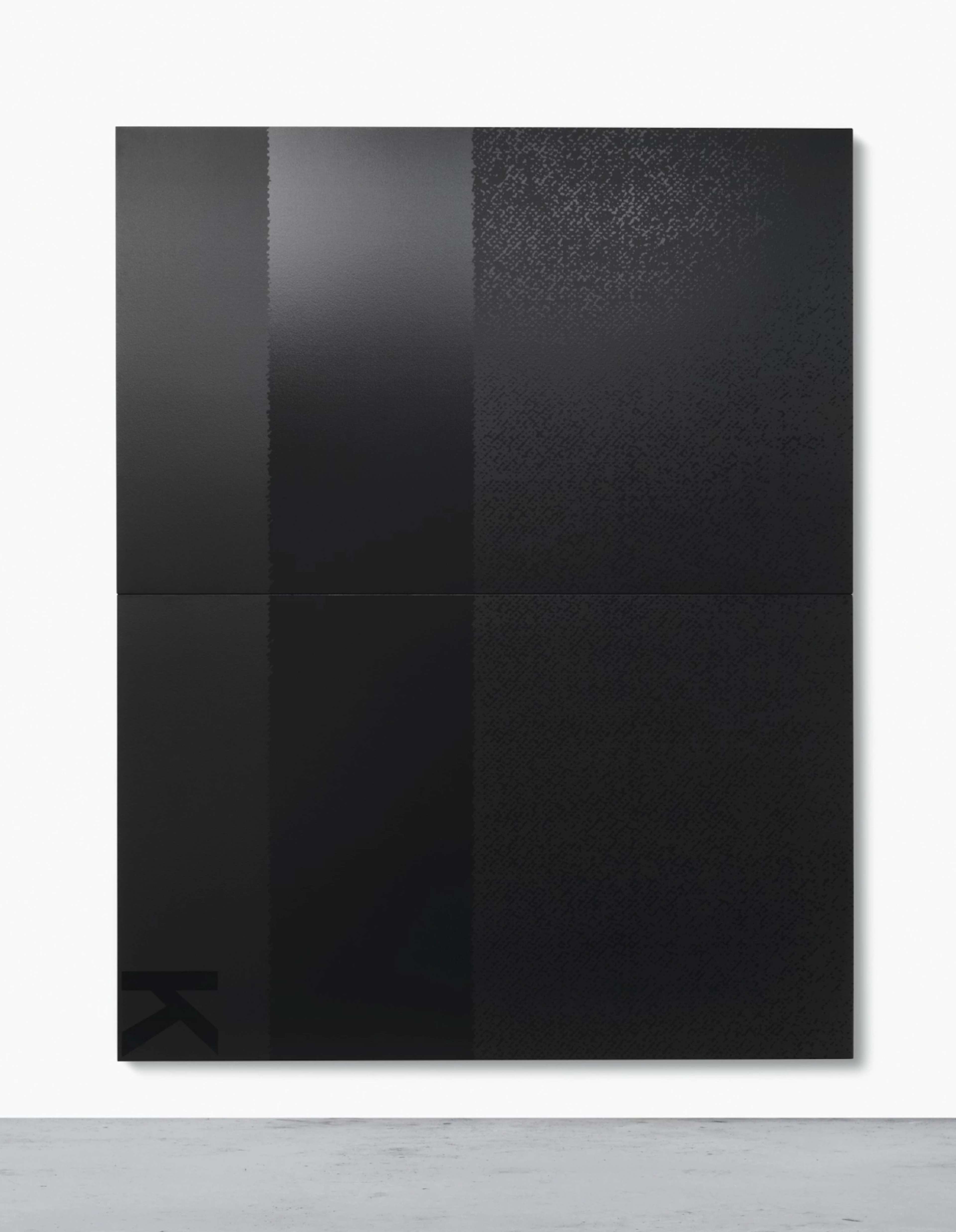 Matte black canvas with a luminous vertical sheen on the left side, running from top to bottom, and the letter ”K’’ positioned in the lower left-hand corner.