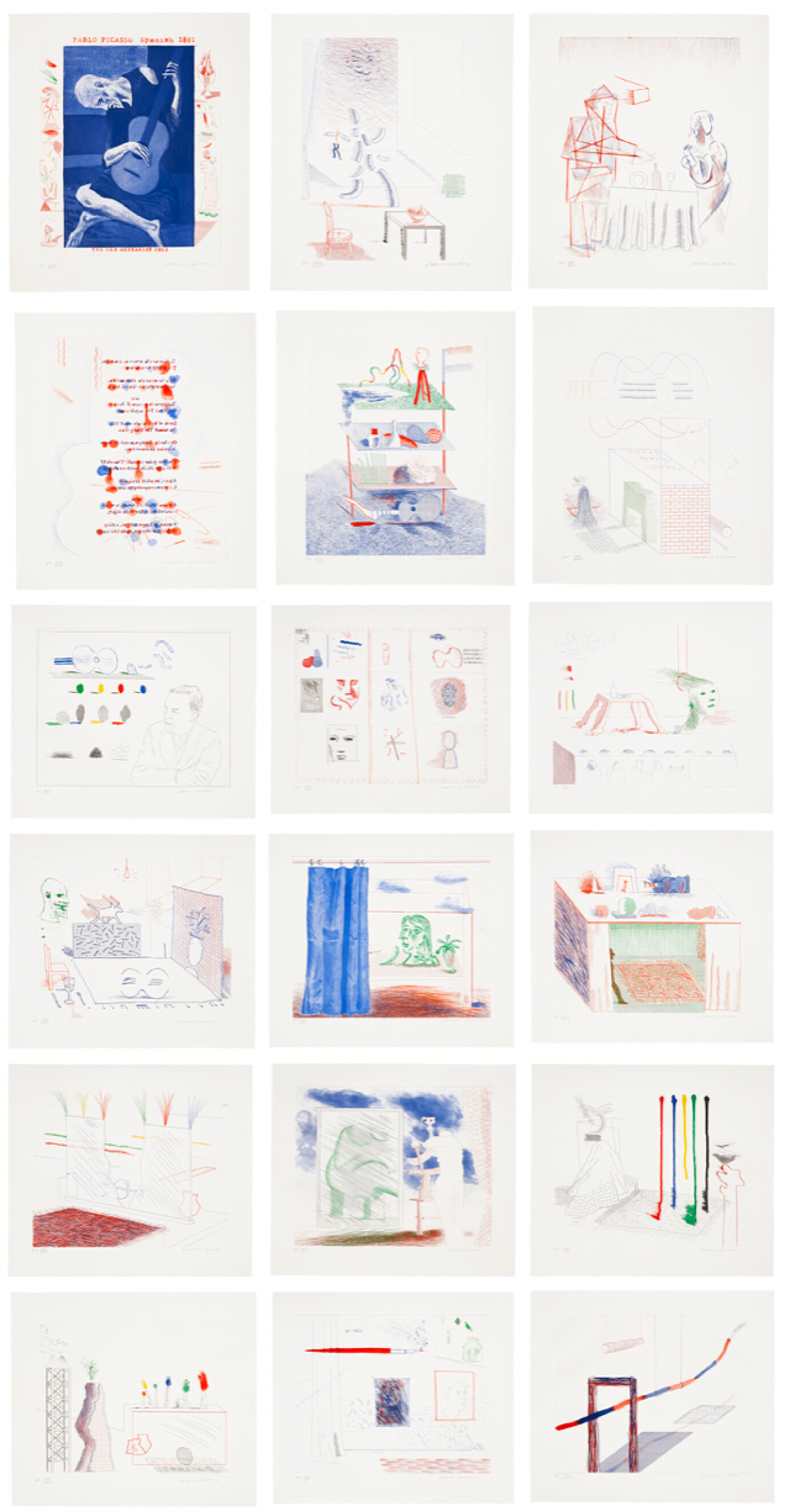 Un ensemble complet de 18 estampes, inspirées par l'iconographie de Pablo Picasso.